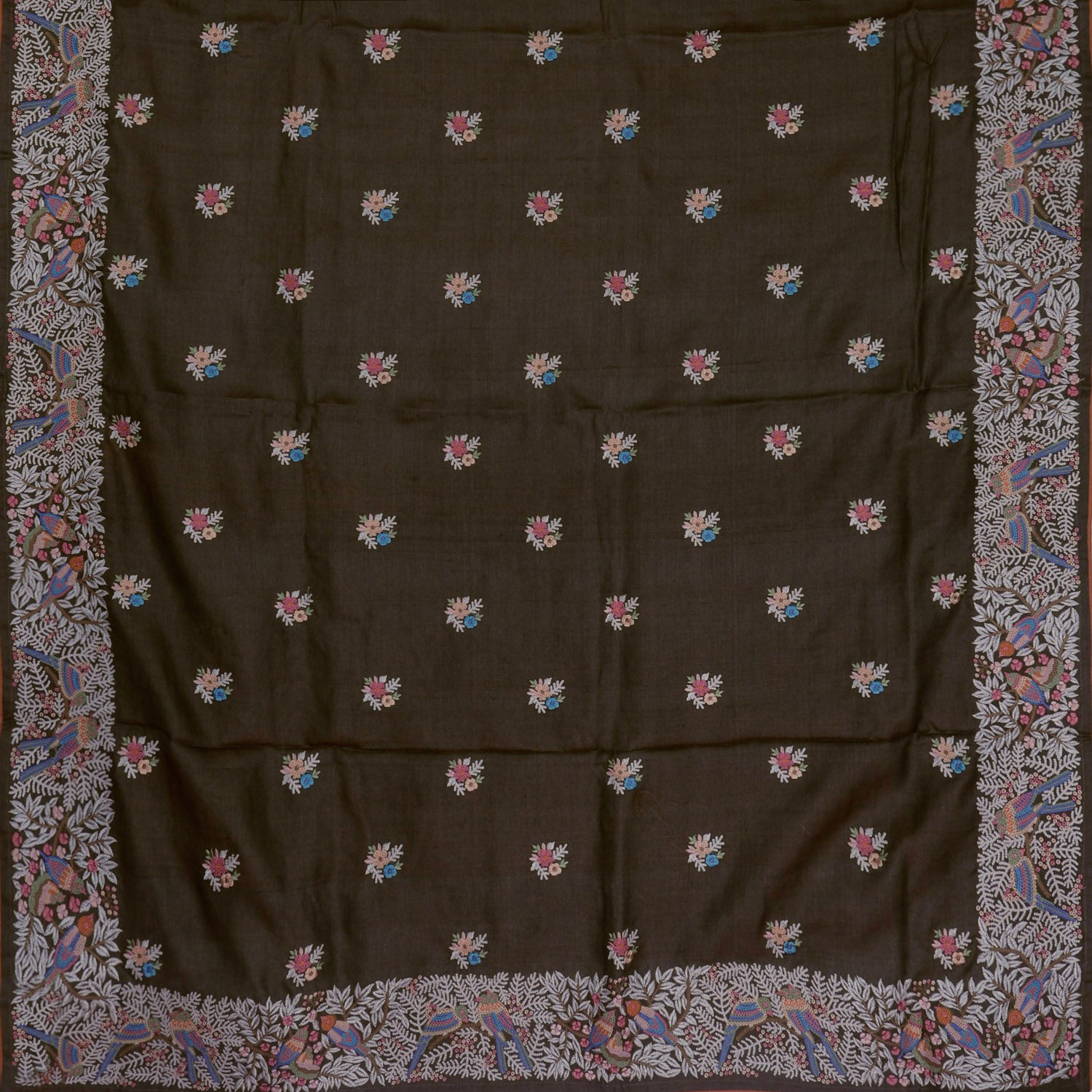 Dark Brown Tussar Saree With Floral Embroidered Pattern And Buttas - Singhania's
