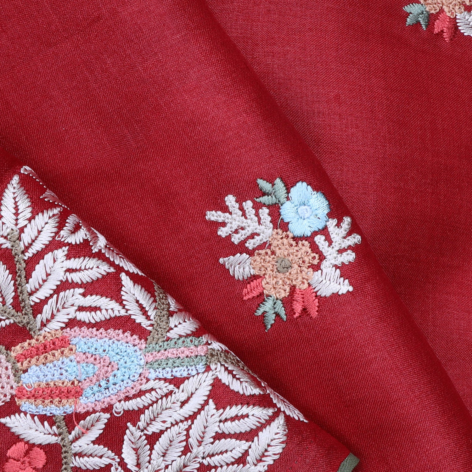 Ruby Red Tussar Floral Embroidered Saree - Singhania's