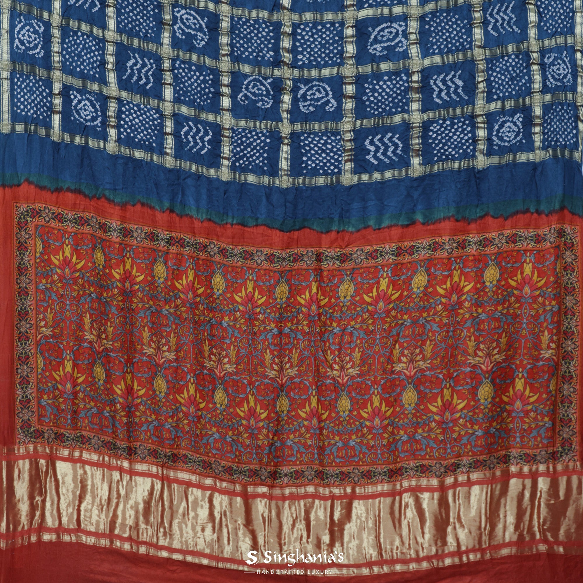 Prussian Blue Bandhani Silk Saree With Geometrical Pattern