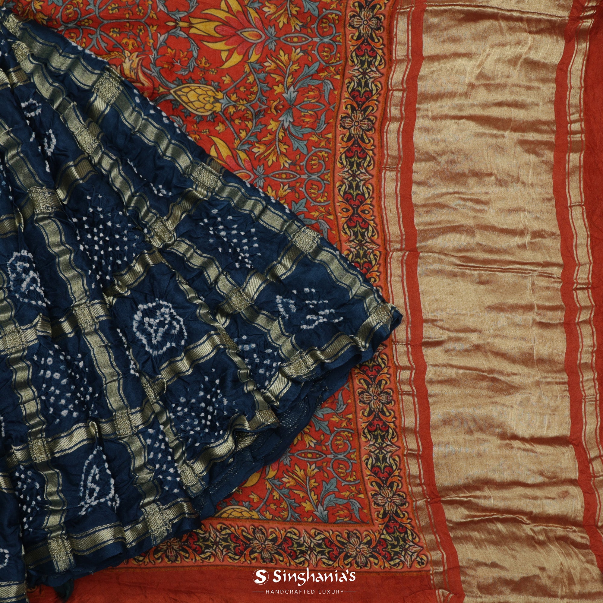 Prussian Blue Bandhani Silk Saree With Geometrical Pattern