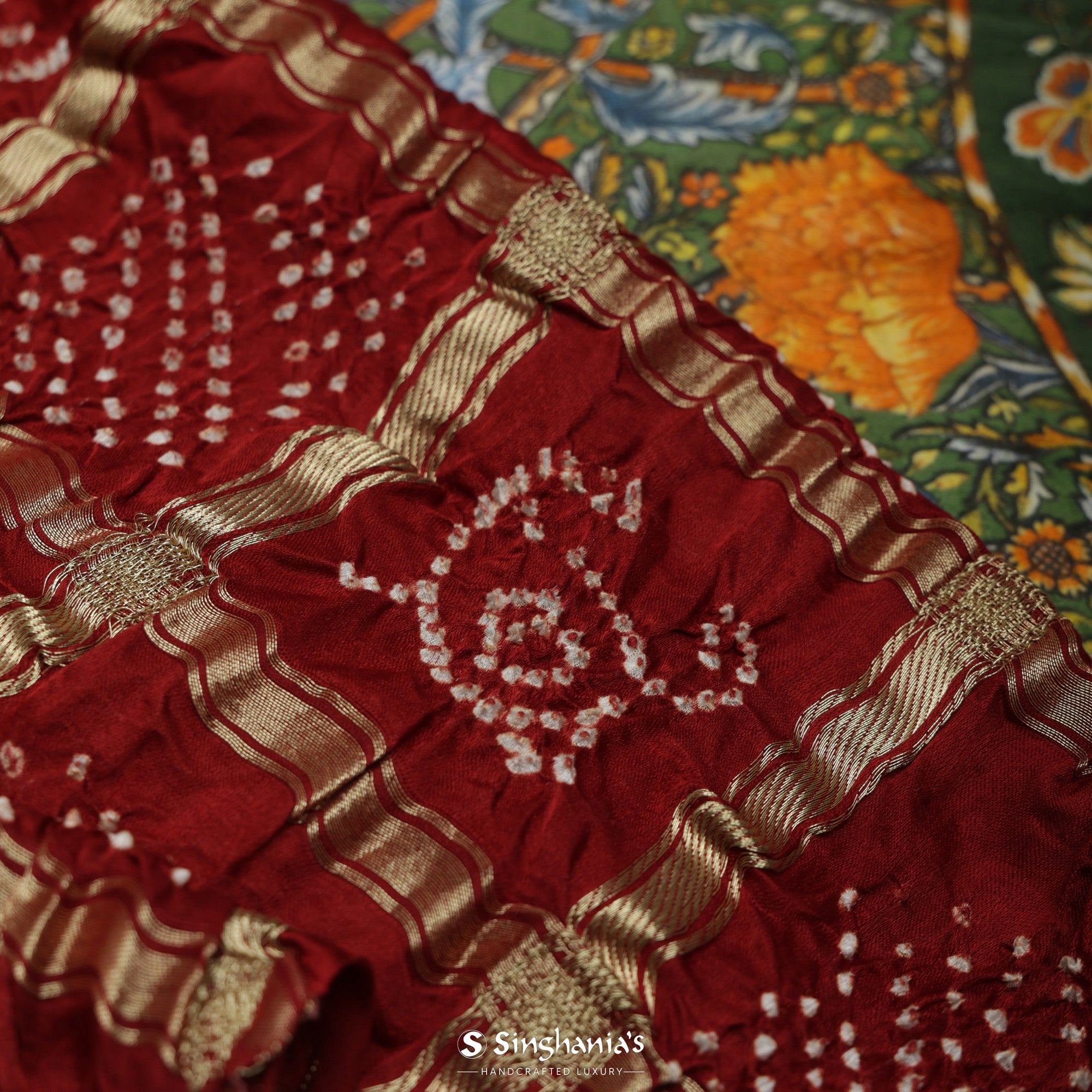 Vermillion Red Bandhani Silk Saree With Geometrical Pattern