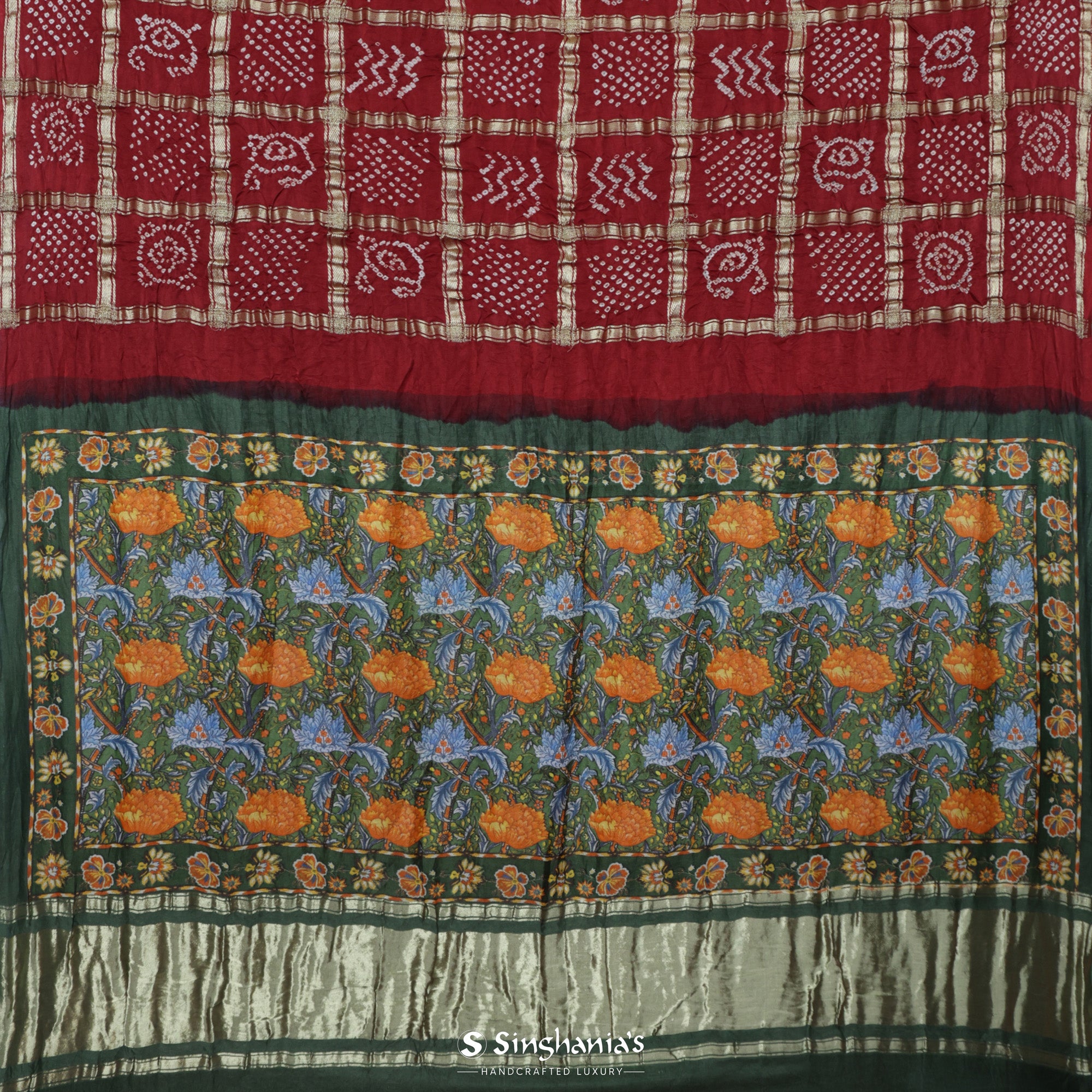 Vermillion Red Bandhani Silk Saree With Geometrical Pattern