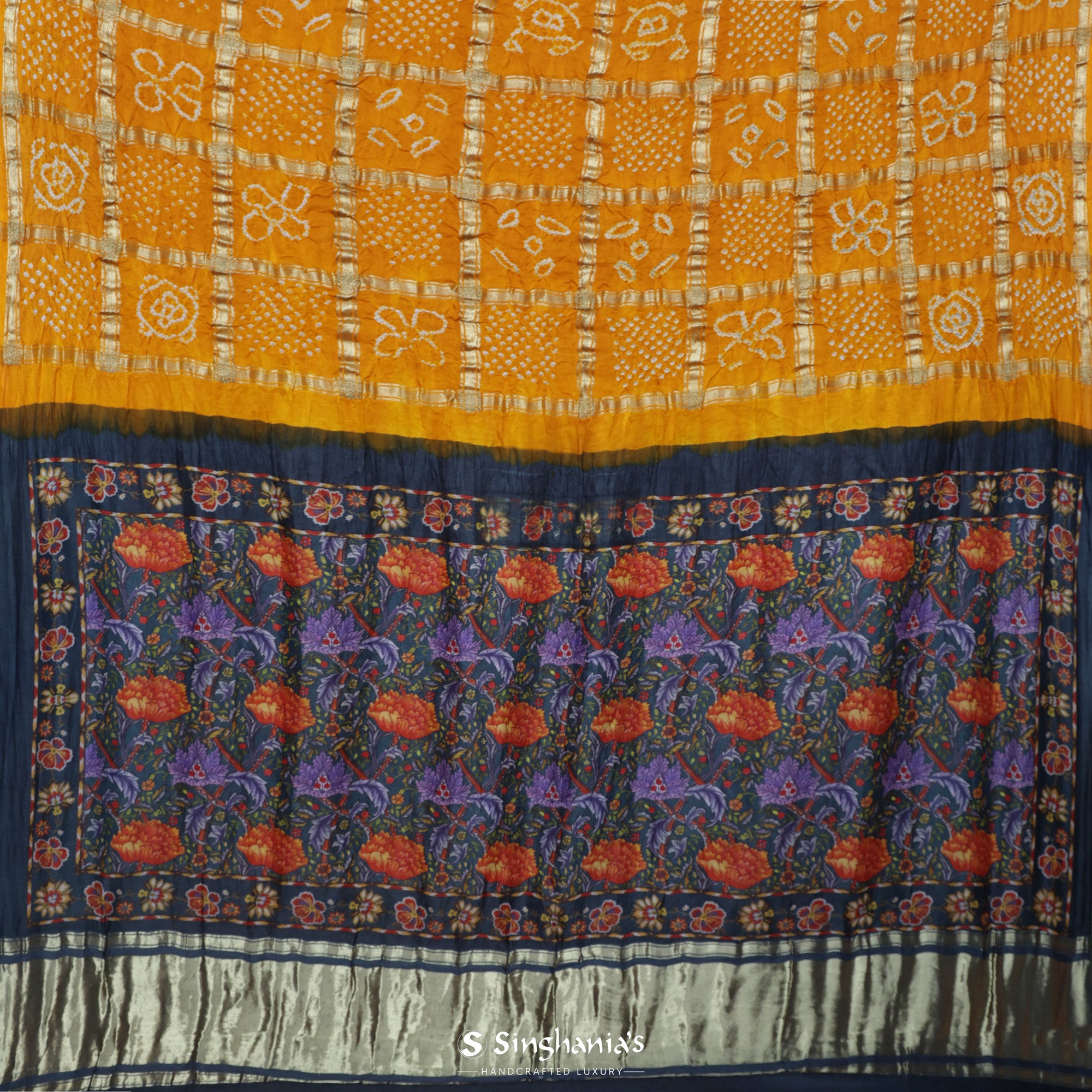 Yellow Orange Bandhani Silk Saree With Geometrical Pattern