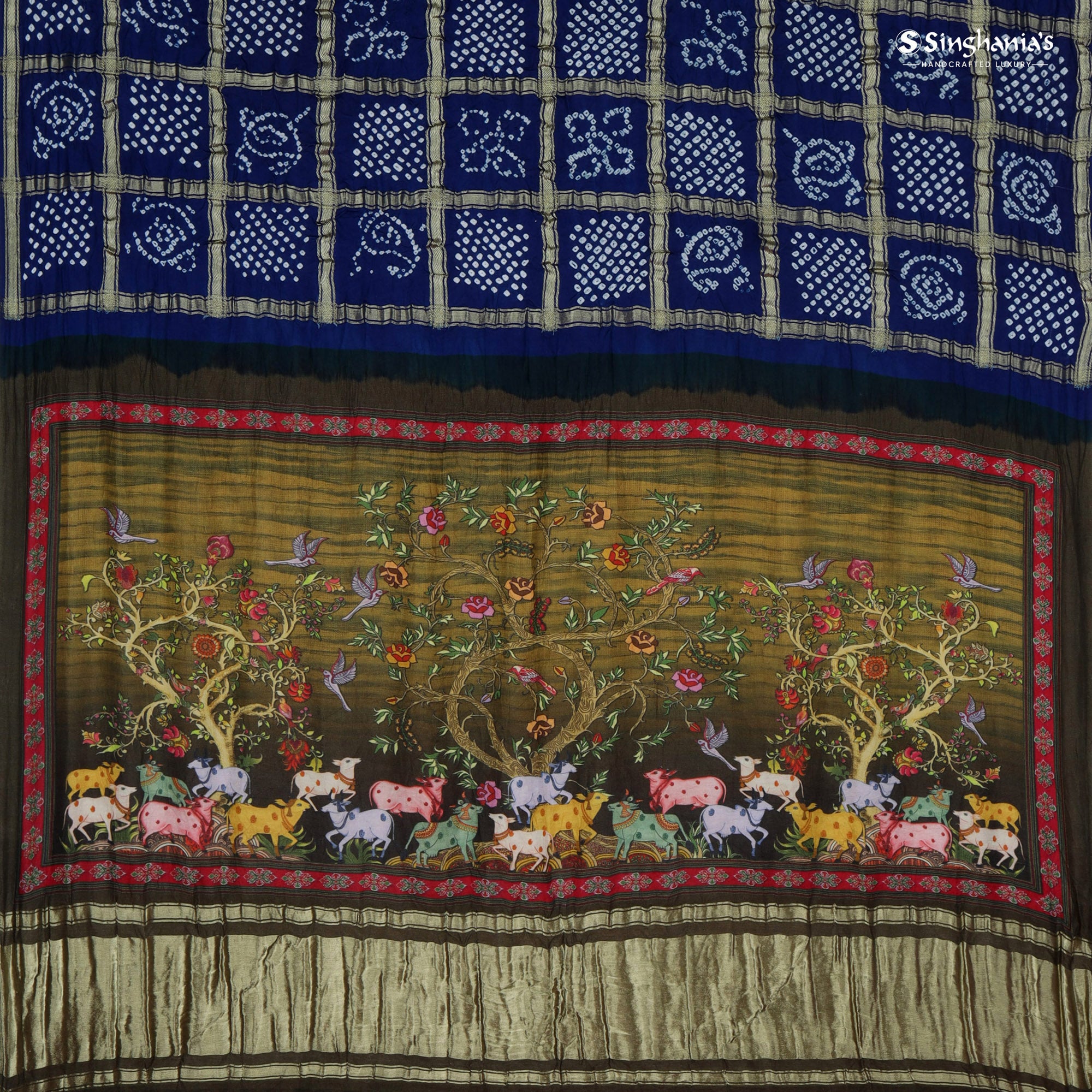 Dark Blue Bandhani Silk Saree With Pichwai Printed Pattern