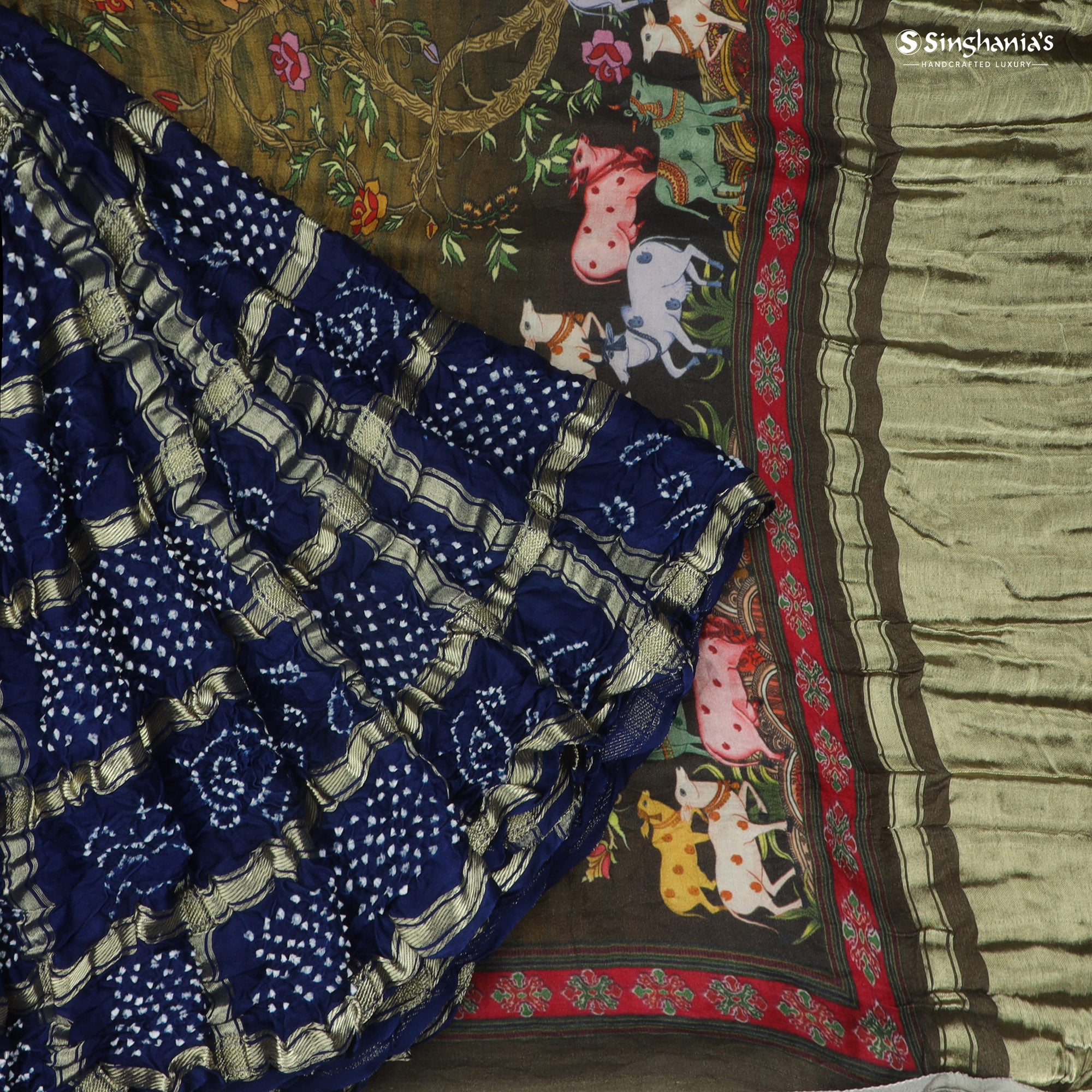 Dark Blue Bandhani Silk Saree With Pichwai Printed Pattern