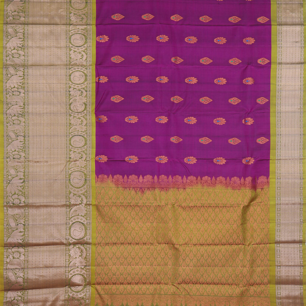 Dark Purple Kanjivaram Silk Saree With Floral Buttas - Singhania's