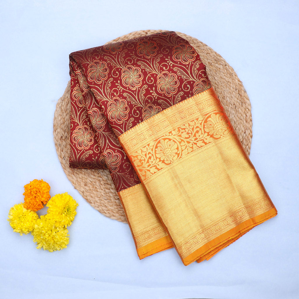 Jam Red Kanjivaram Silk Saree With Floral Pattern - Singhania's