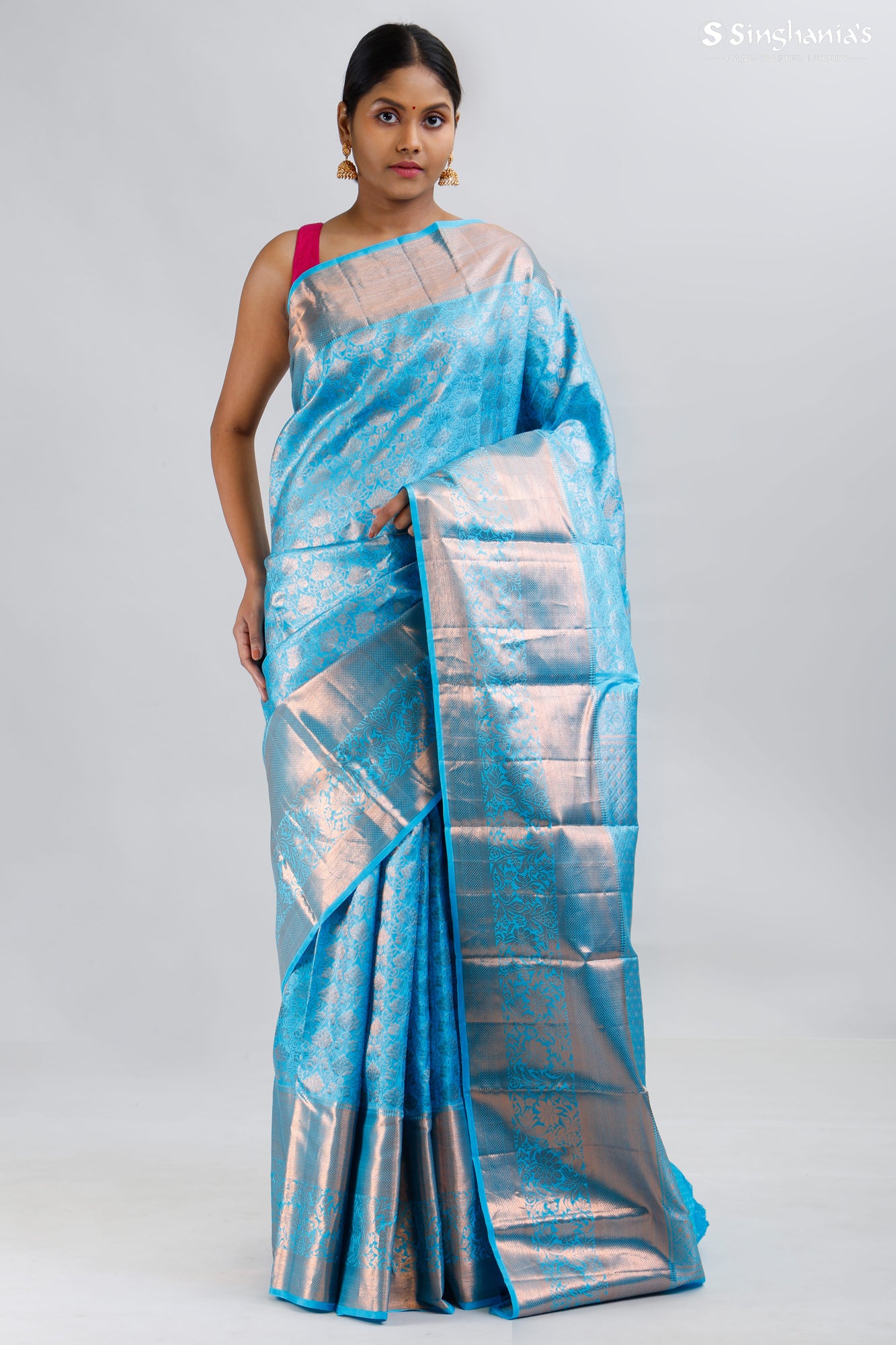 Sky Blue Kanjivaram Silk Saree With Floral Motif Pattern