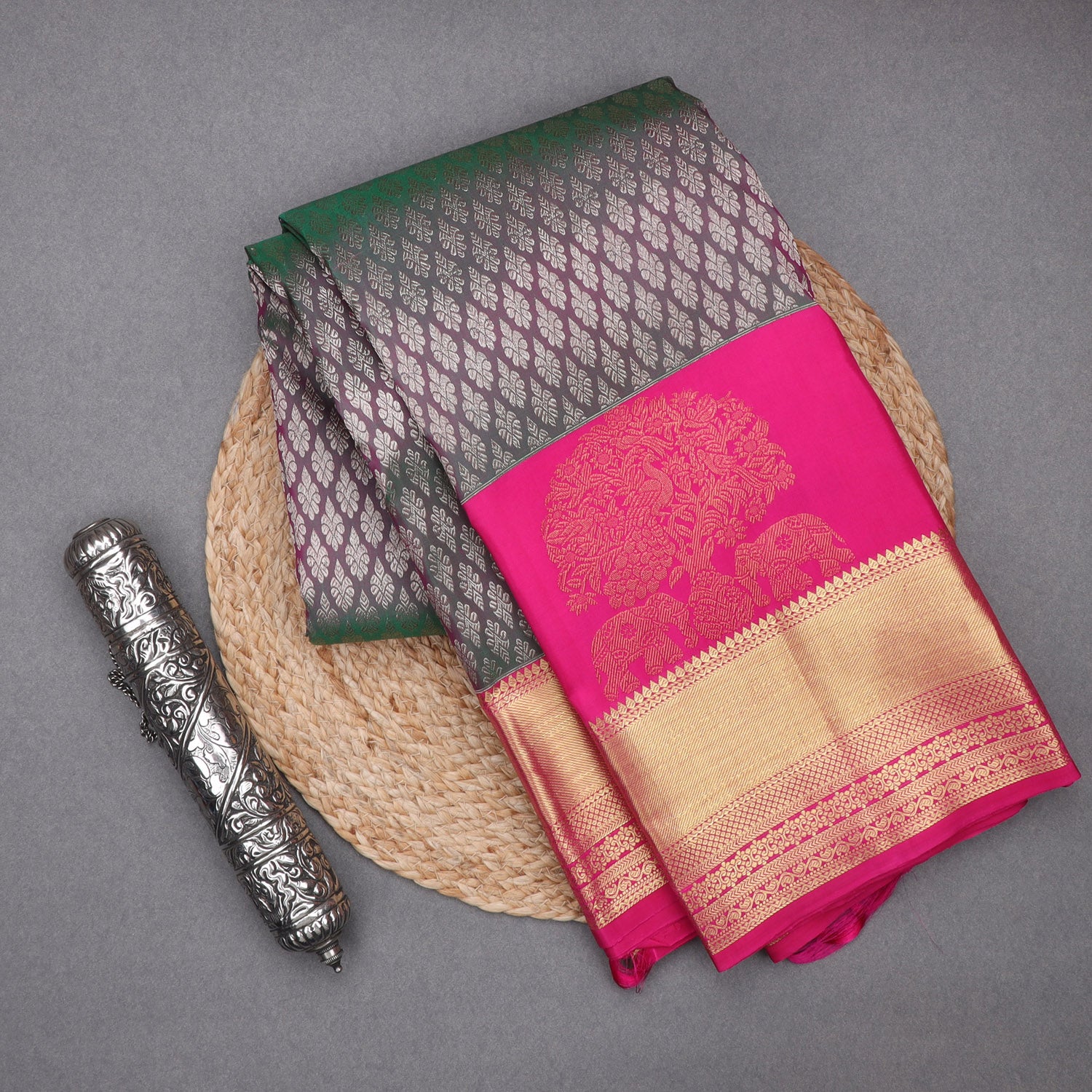 Dual Shade Of Green Brown Kanjivaram Silk Saree With Floral Buttis - Singhania's