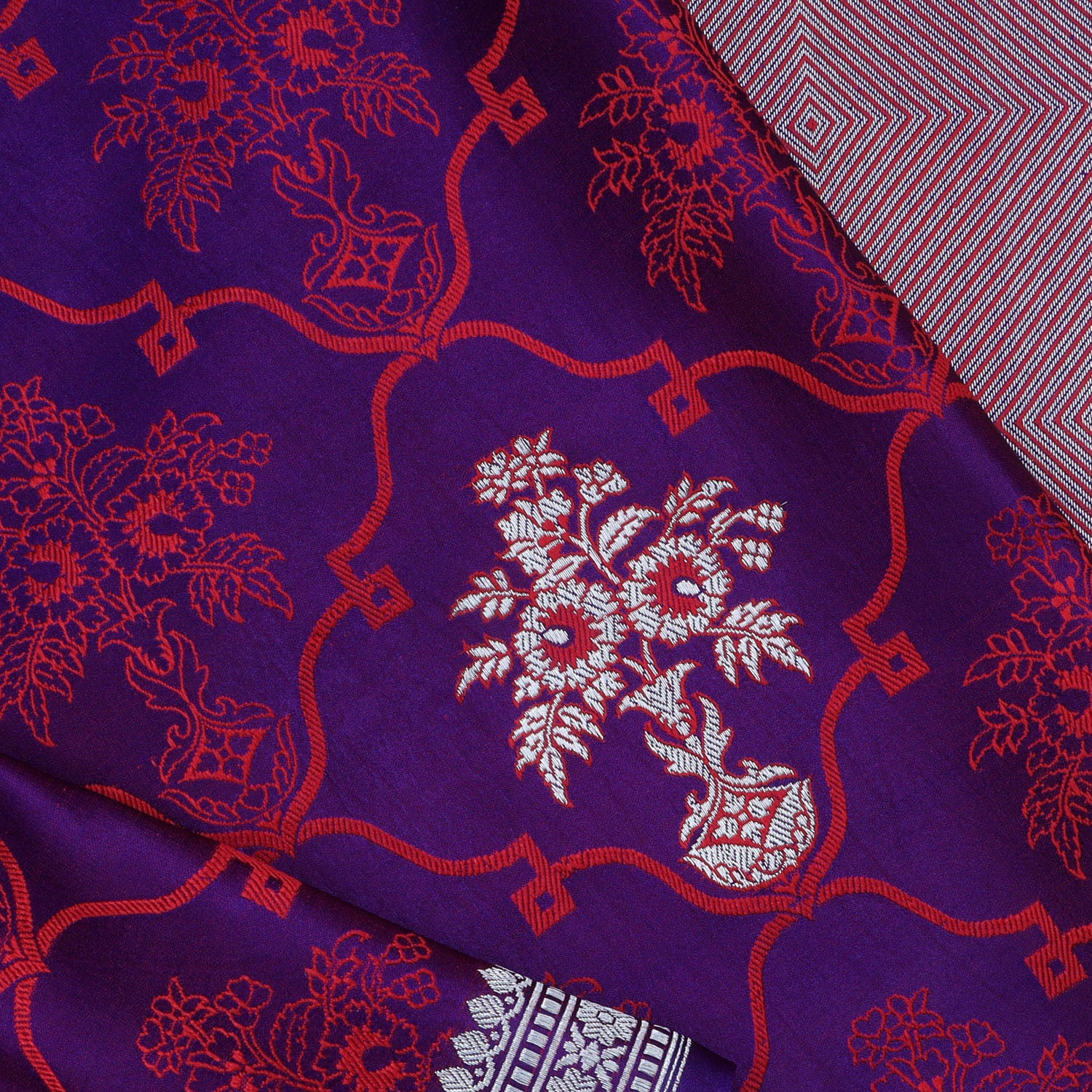 Dark Blue Satin Banarasi Silk Handloom Saree With Floral Motif Pattern - Singhania's