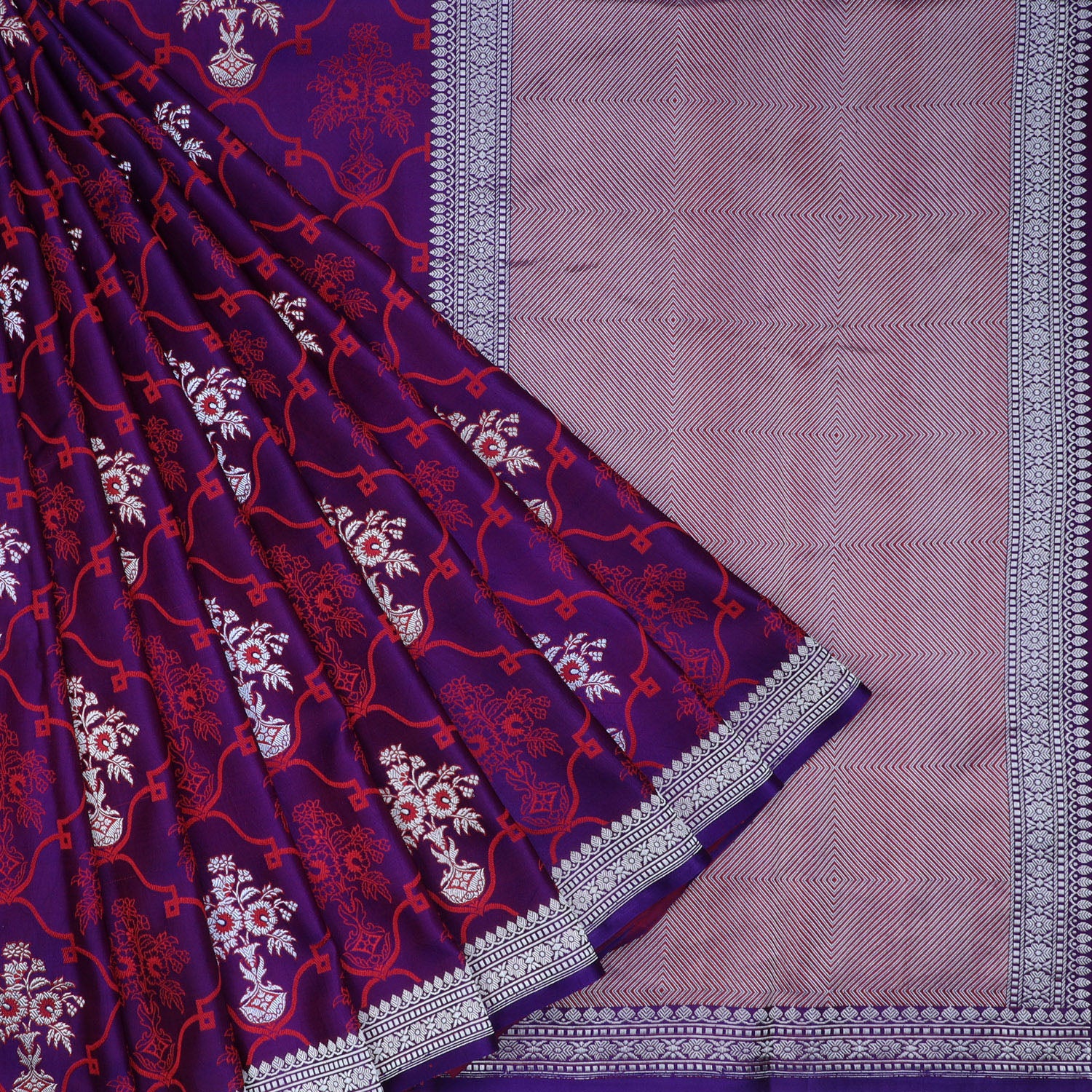 Dark Blue Satin Banarasi Silk Handloom Saree With Floral Motif Pattern - Singhania's