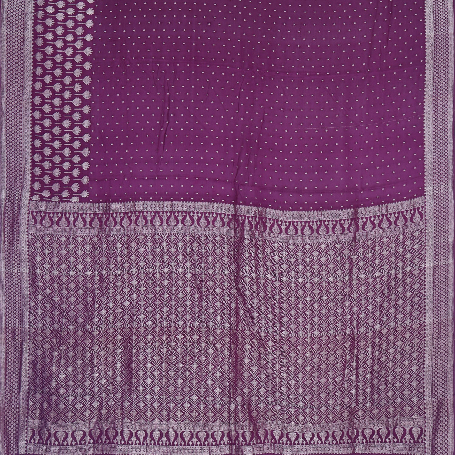 Plum Purple Banarasi Silk Saree With Printed Floral Buttas And Polka Dots - Singhania's