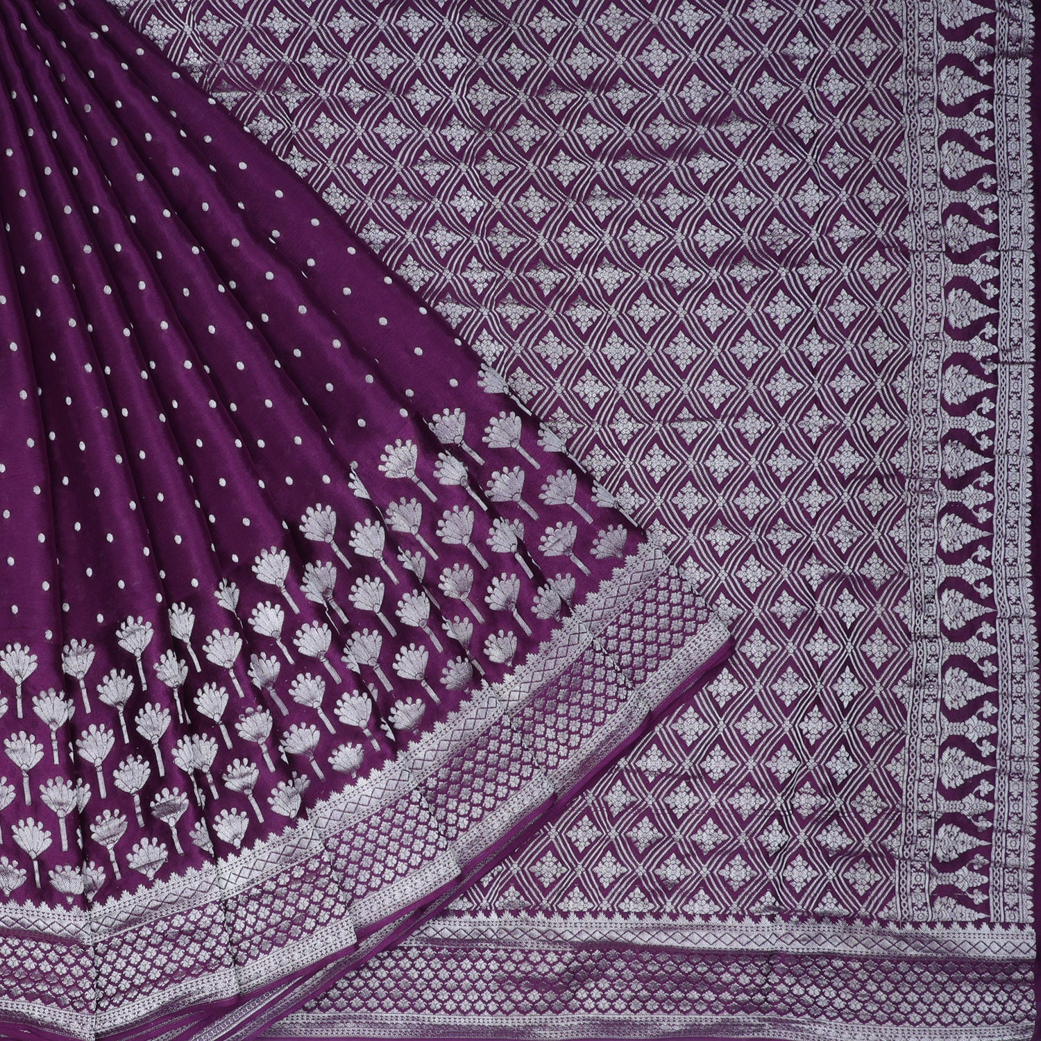 Plum Purple Banarasi Silk Saree With Printed Floral Buttas And Polka Dots - Singhania's