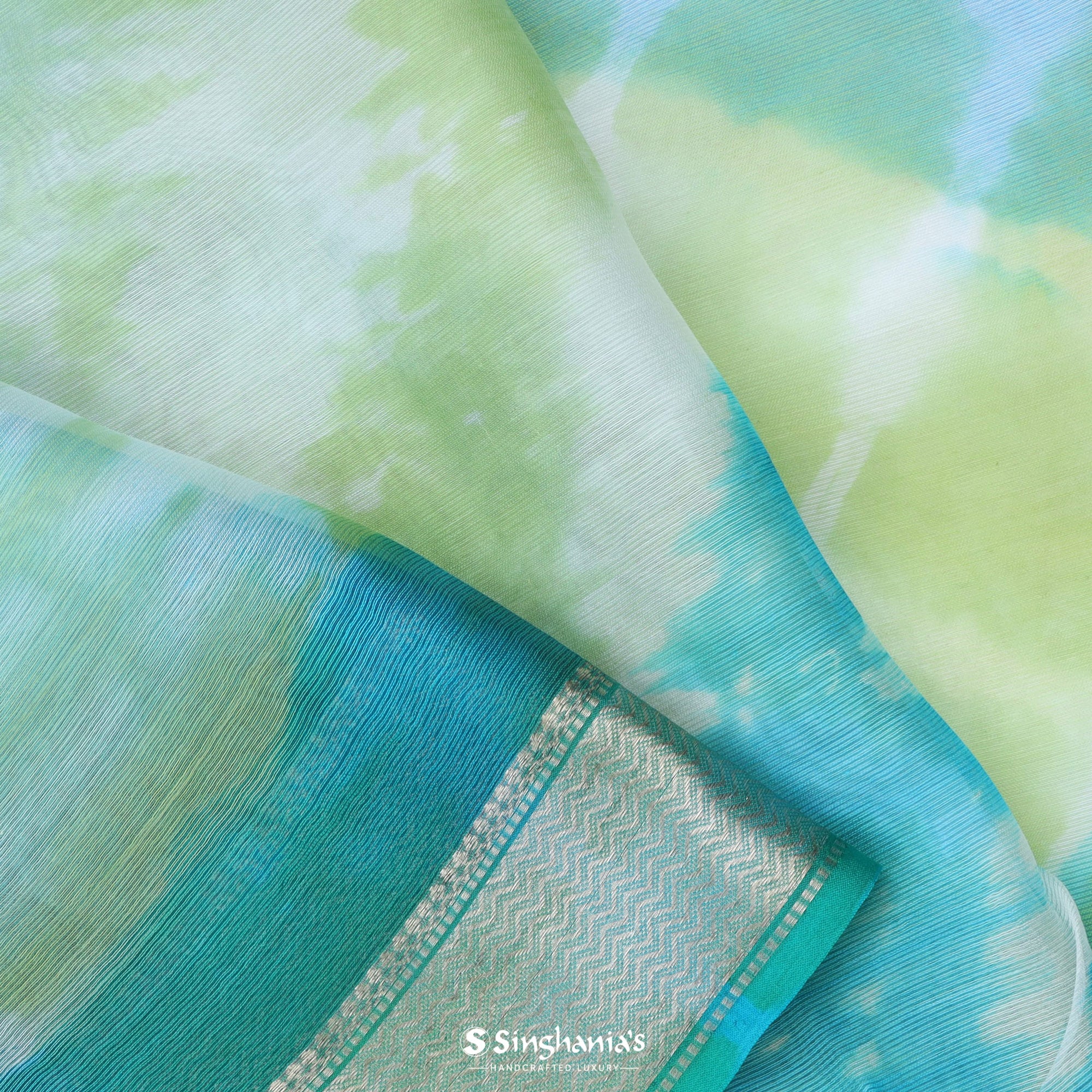 Blue Green Printed Maheshwari Silk Saree