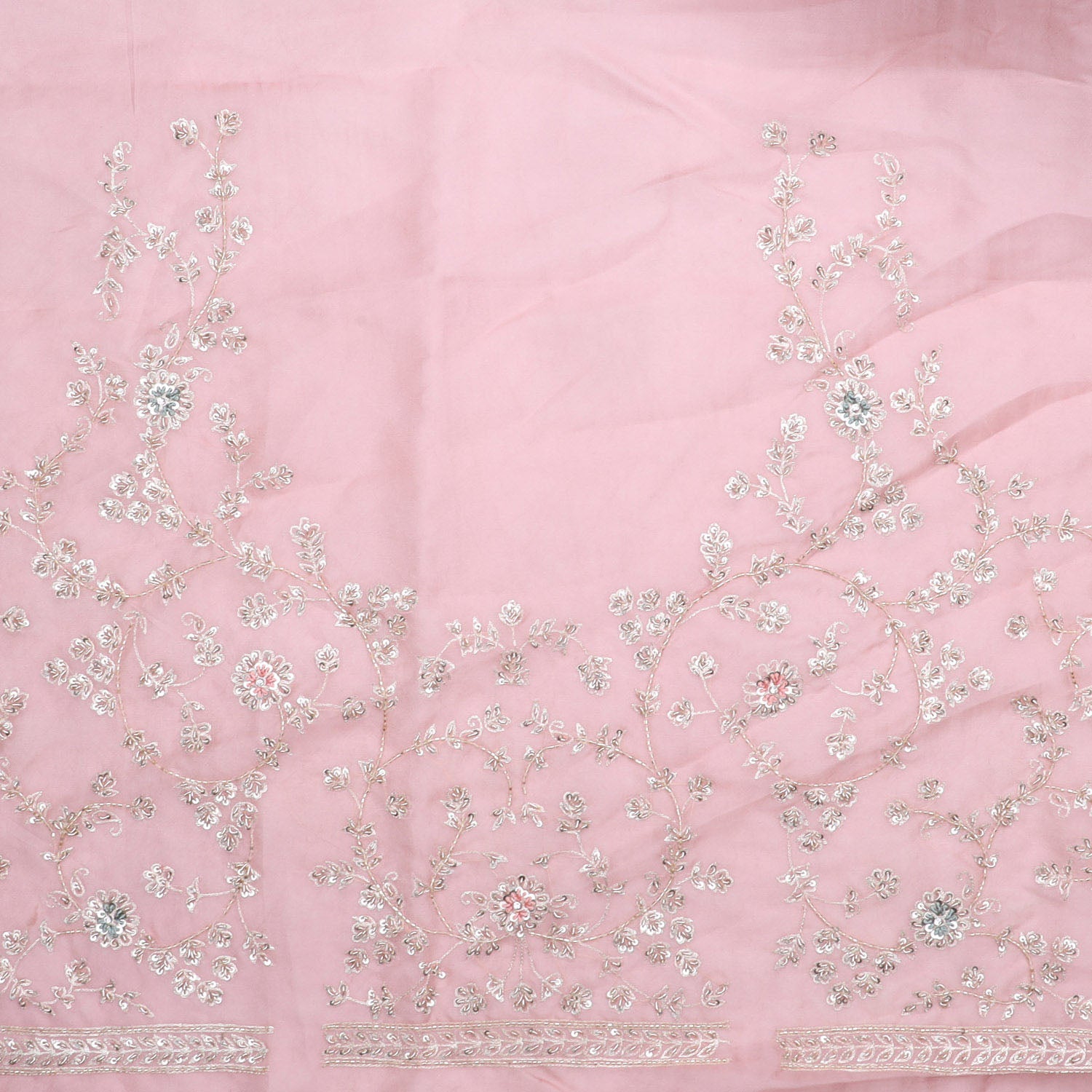 Pastel Baby Pink Organza Saree With Floral Embroidery - Singhania's