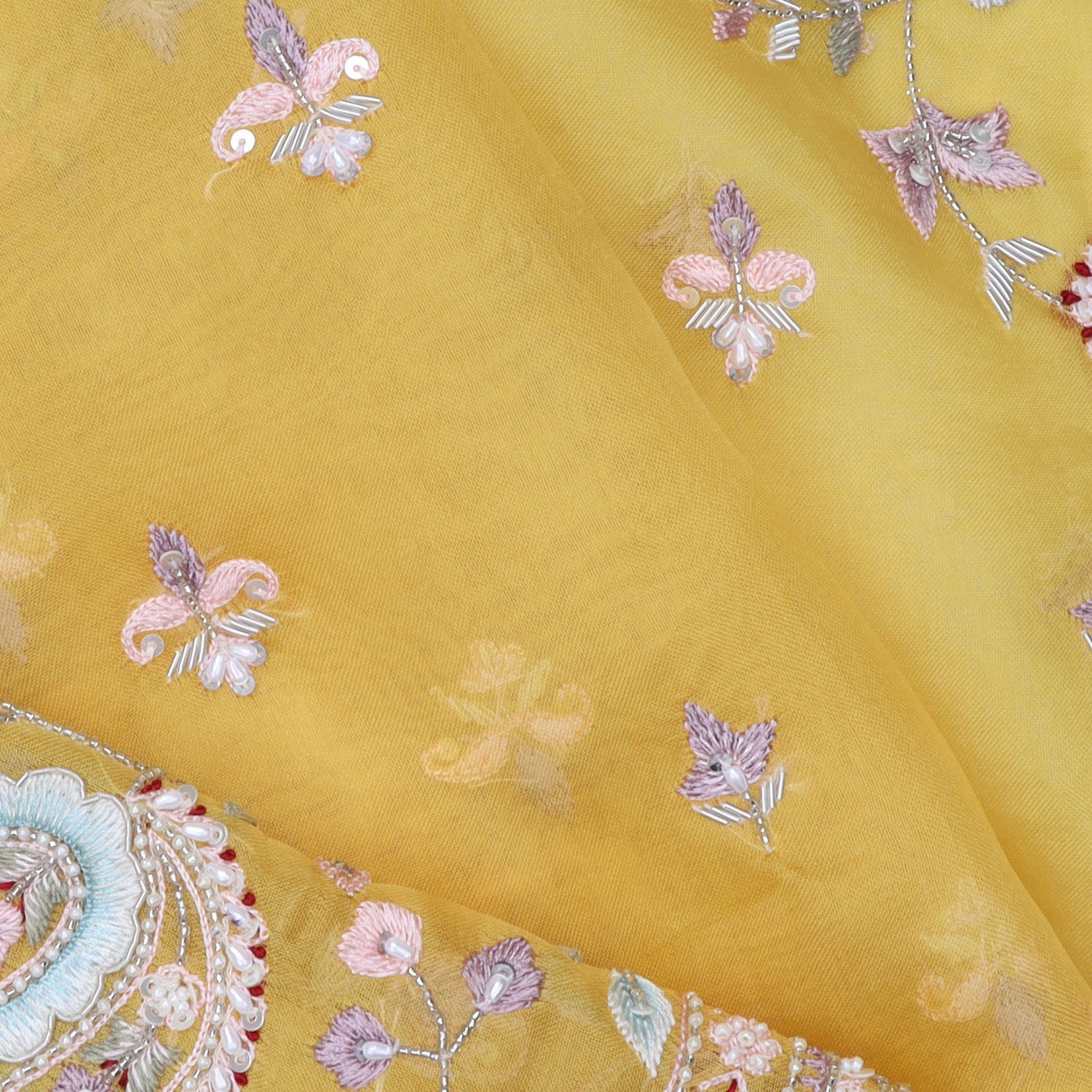 Mango Yellow Organza Saree With Floral Embroidery - Singhania's