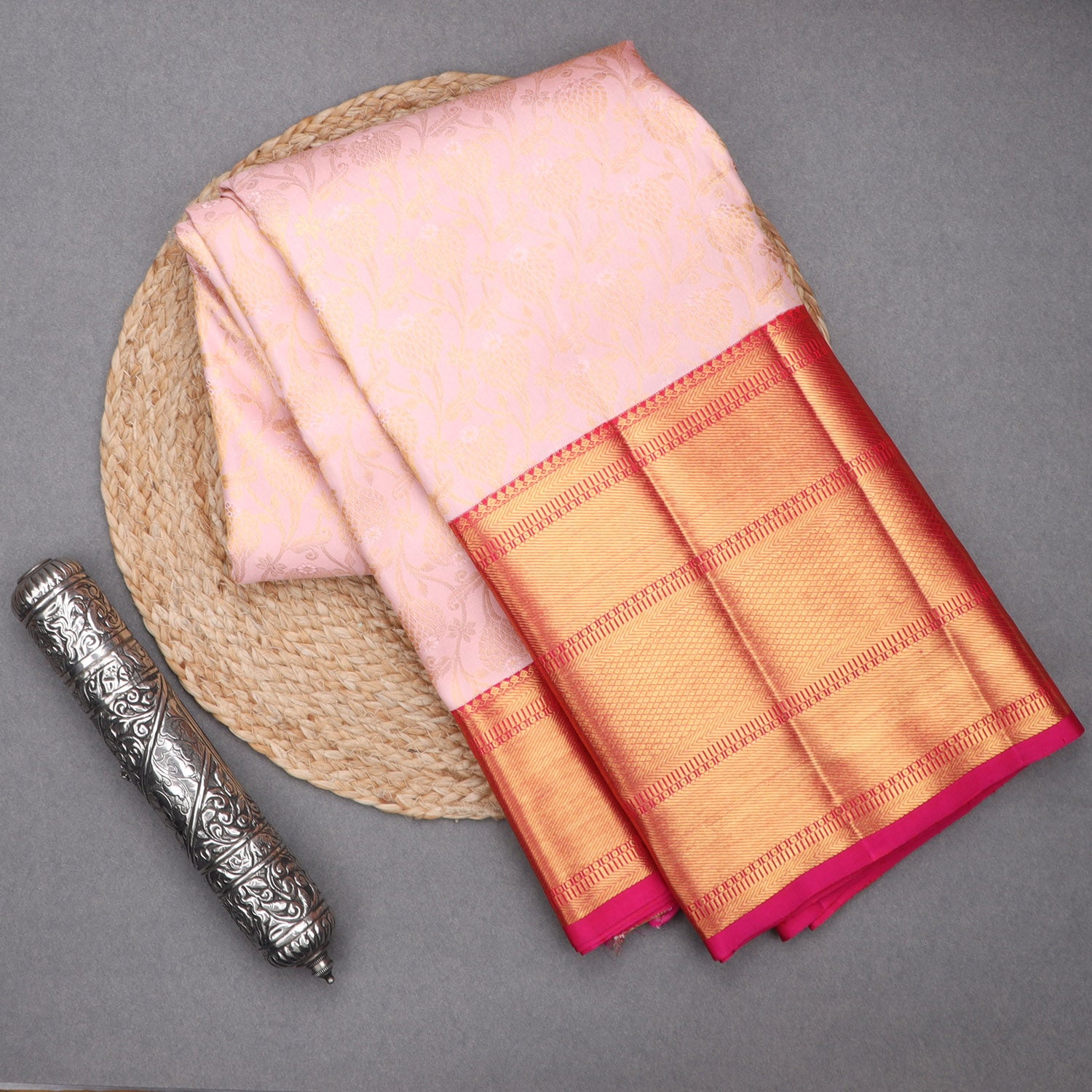 Pastel Pink Kanjivaram Silk Saree With Floral Pattern - Singhania's