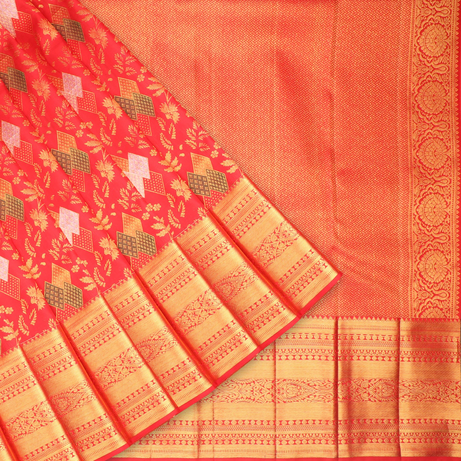 Tomato Red Kanjivaram Silk Saree With Floral Motifs