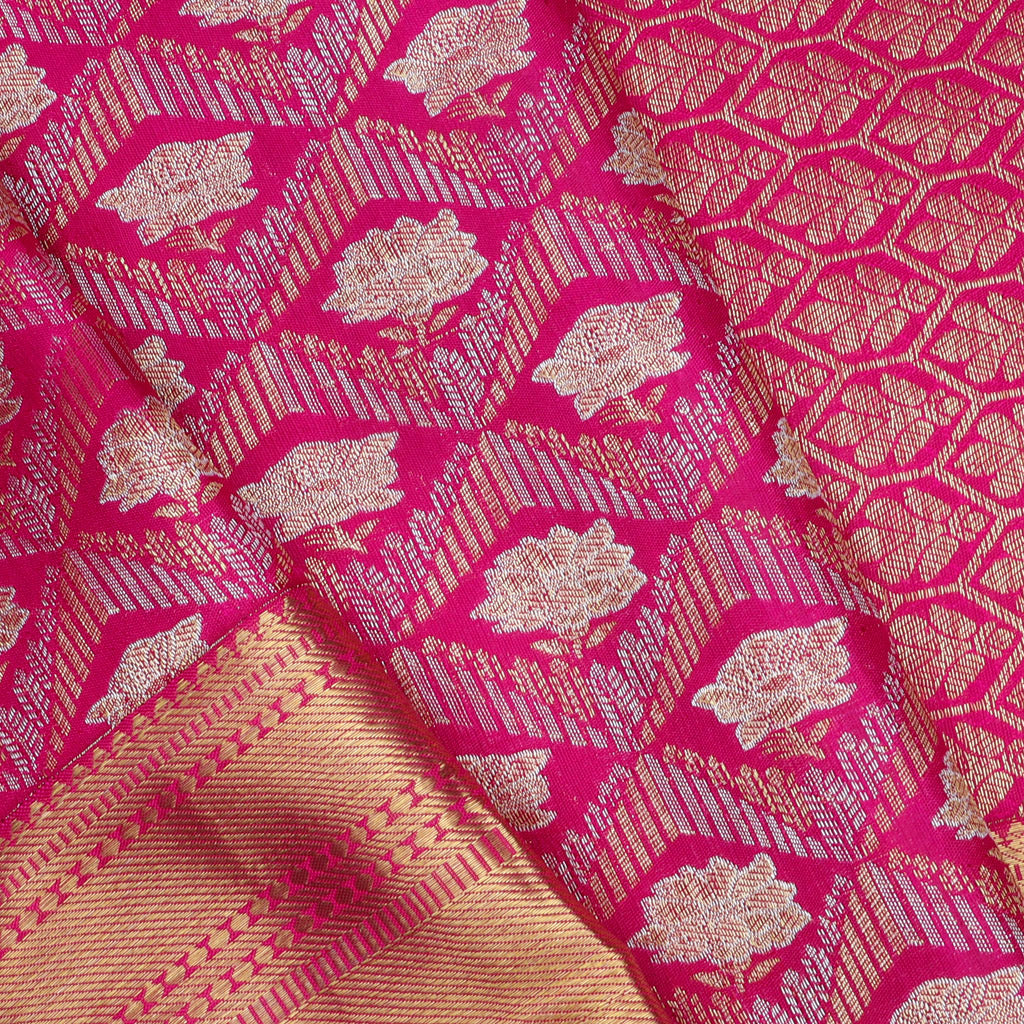 Ruby Pink Kanjivaram Silk Saree With Floral Pattern - Singhania's