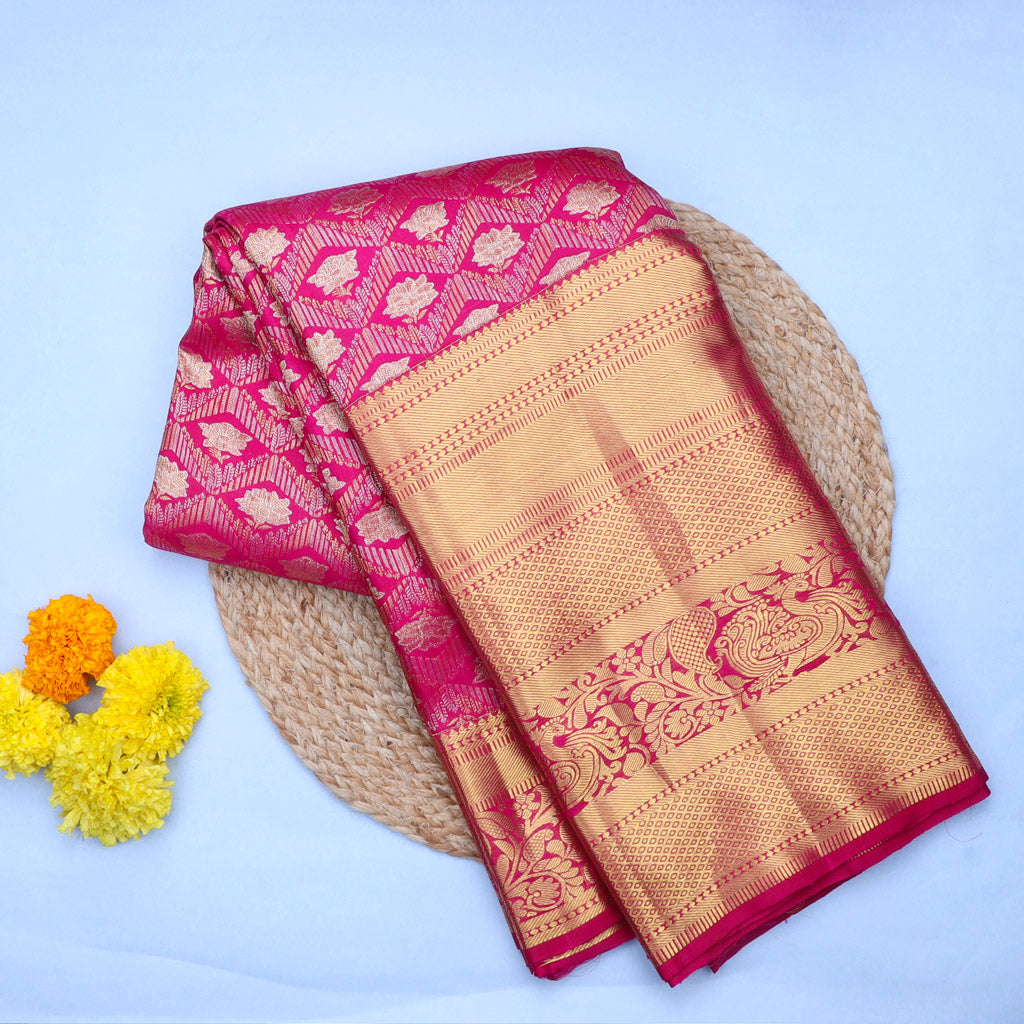Ruby Pink Kanjivaram Silk Saree With Floral Pattern - Singhania's