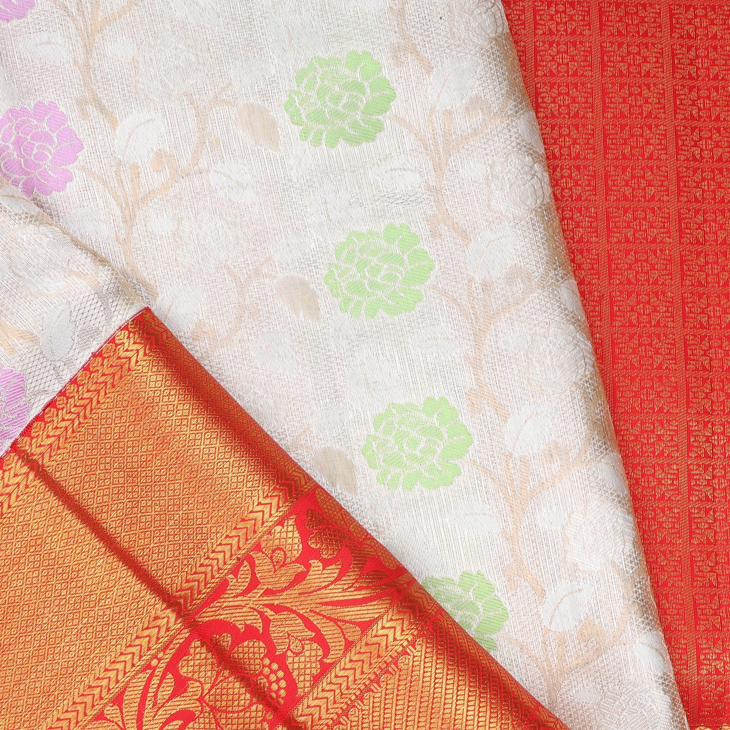 Cloud White Kanjivaram Silk Saree With Floral Pattern - Singhania's