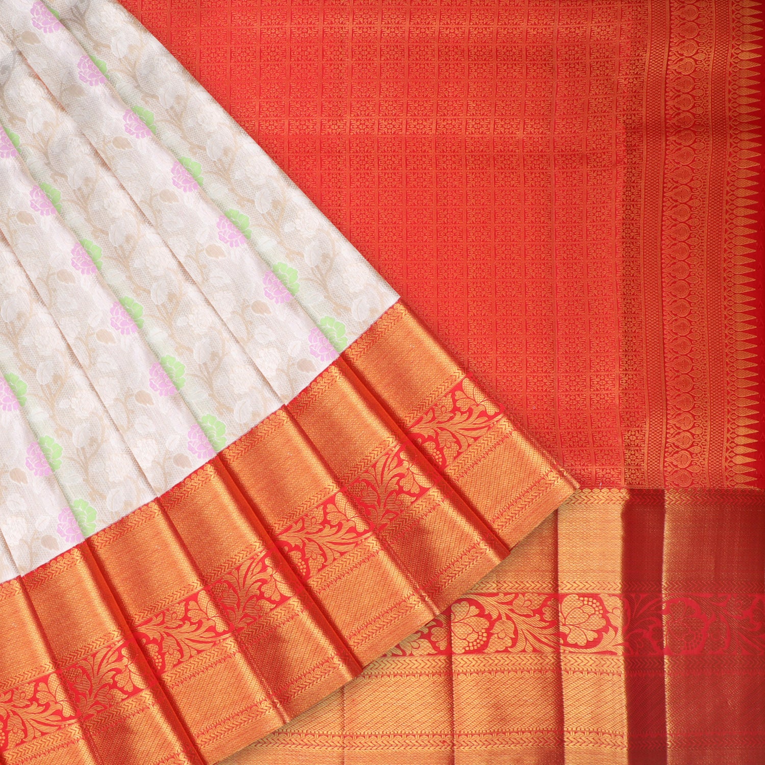 Cloud White Kanjivaram Silk Saree With Floral Pattern - Singhania's