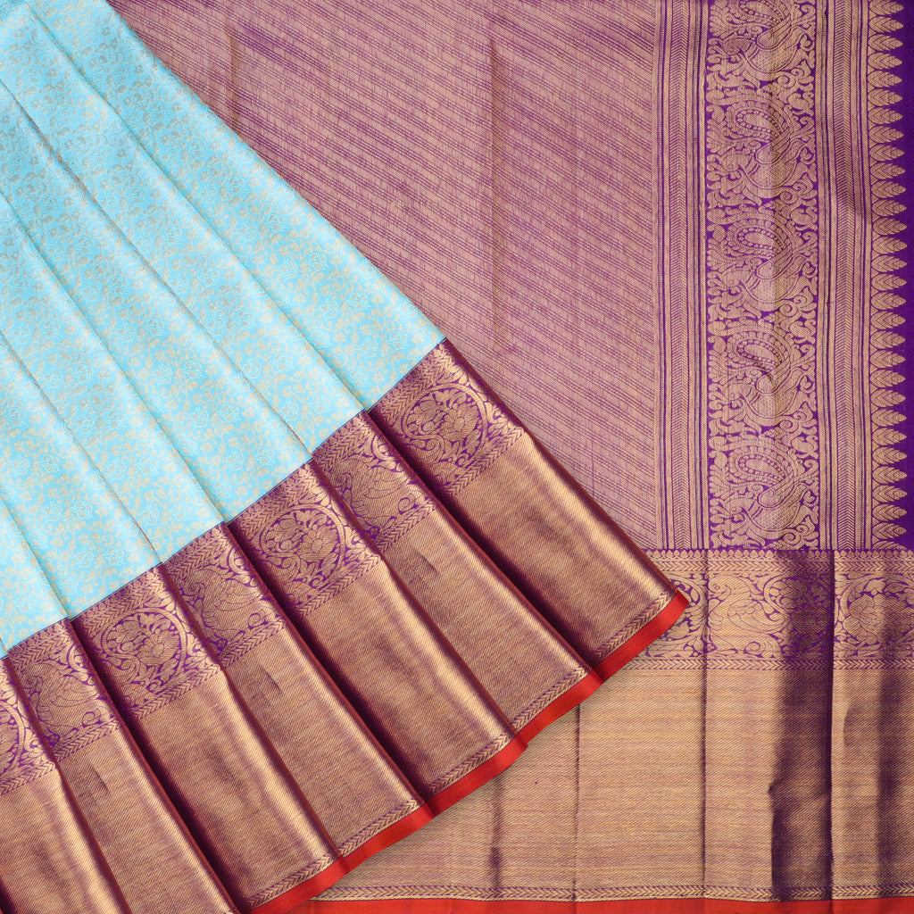 Pastel Blue Kanjivaram Silk Saree With Floral Pattern - Singhania's