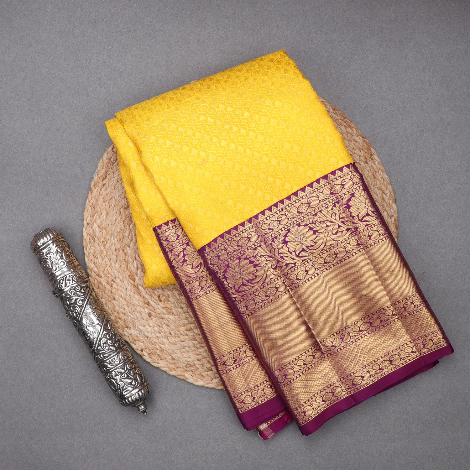 Bright Yellow Kanjivaram Silk Saree - Singhania's