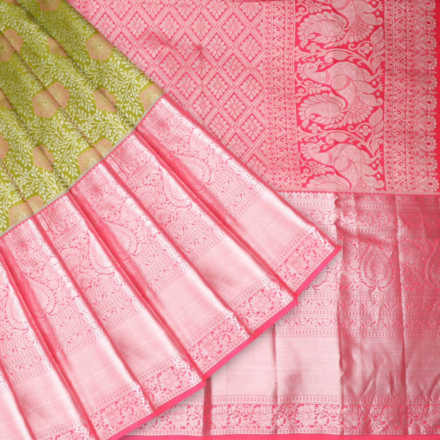Green Kanjivaram Silk Saree With Floral Pattern - Singhania's
