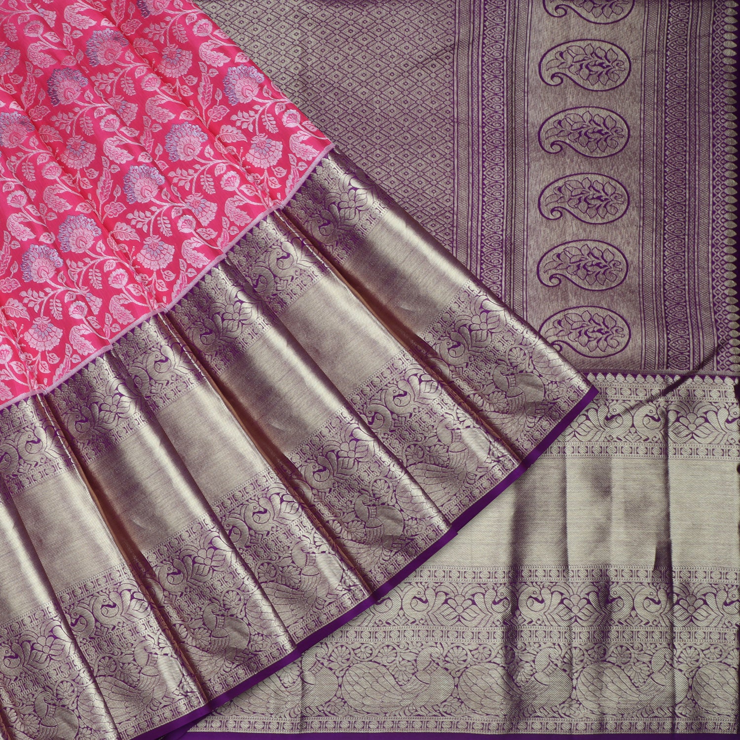 Bright Pink Kanjivaram Silk Saree With Floral Jaal Design - Singhania's