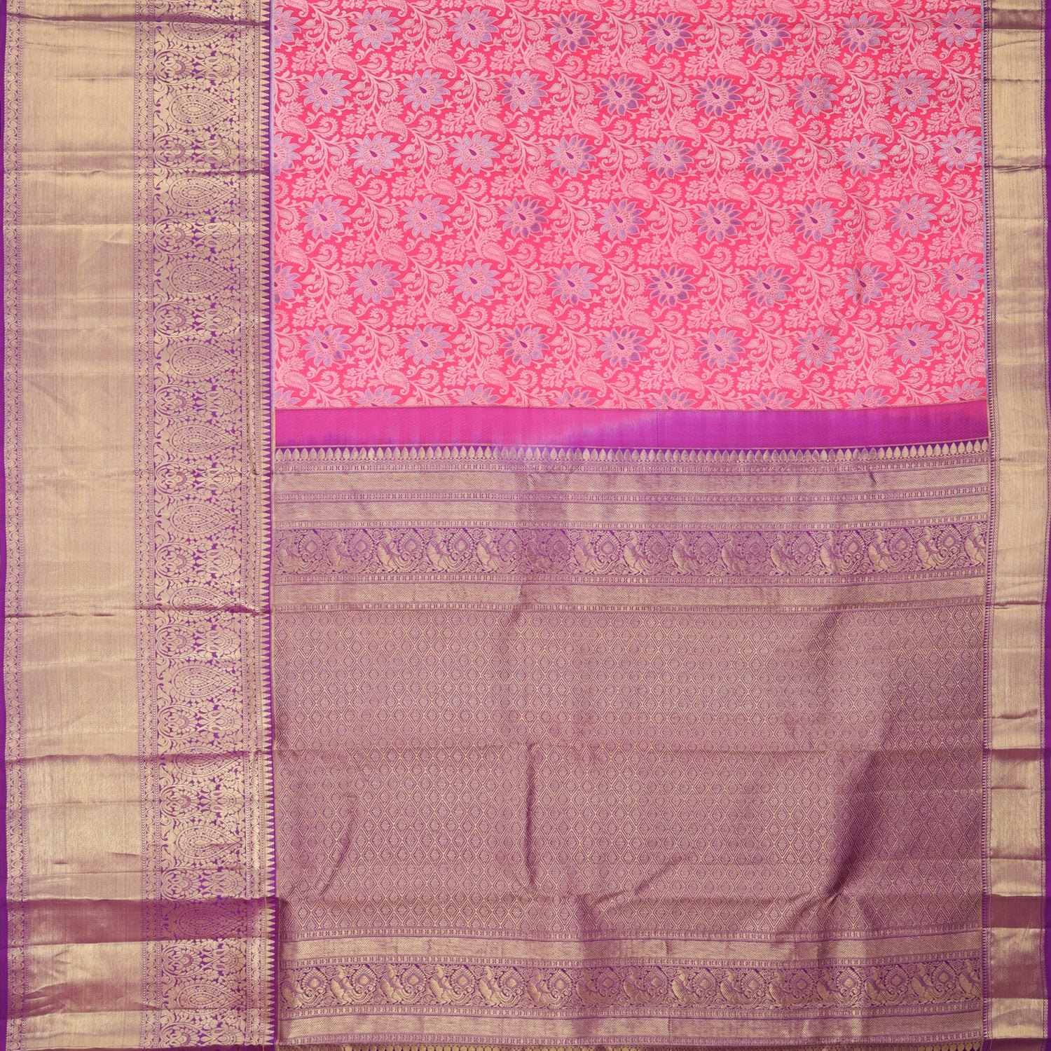 Bright Pink Kanjivaram Silk Saree With Floral Motifs Pattern - Singhania's