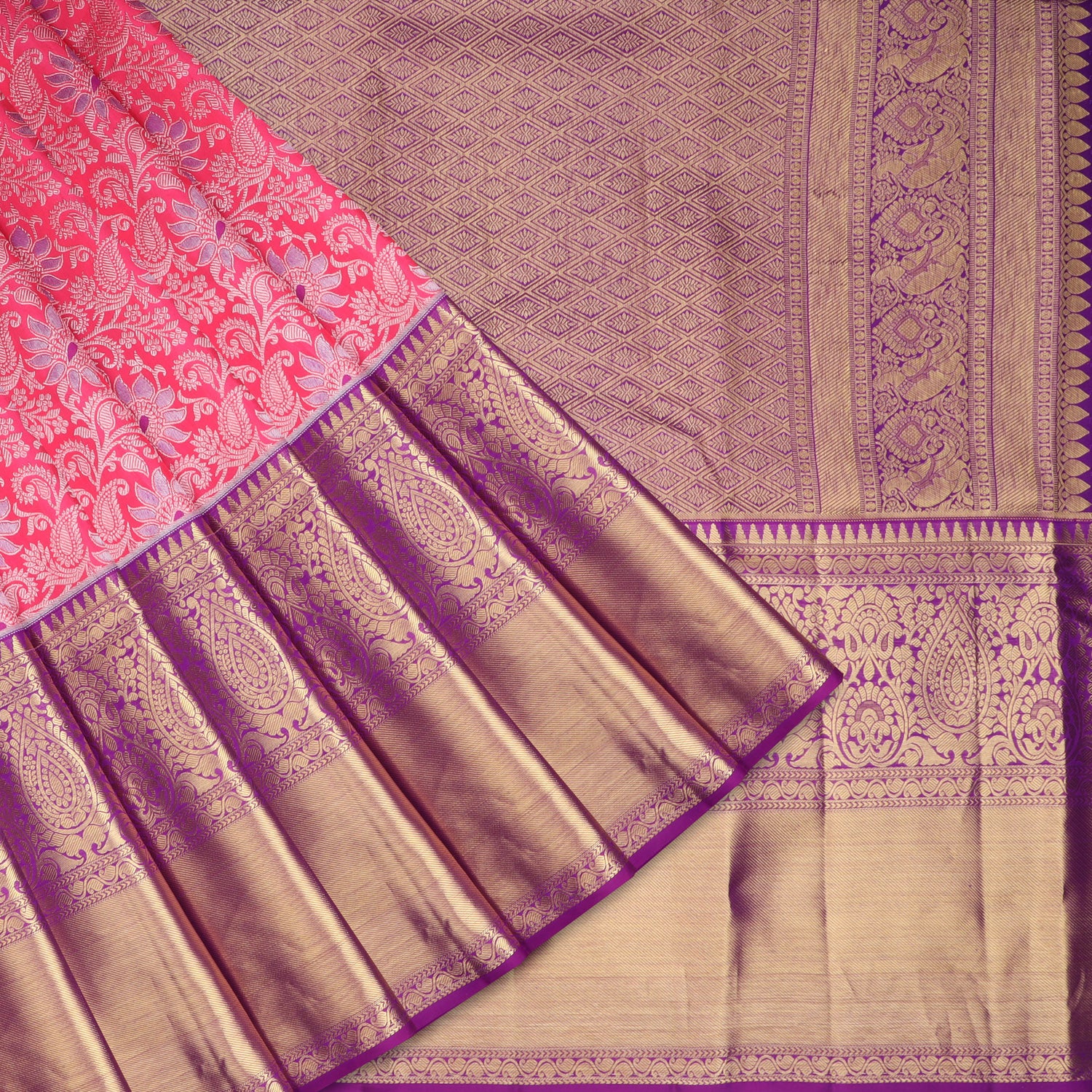 Bright Pink Kanjivaram Silk Saree With Floral Motifs Pattern - Singhania's