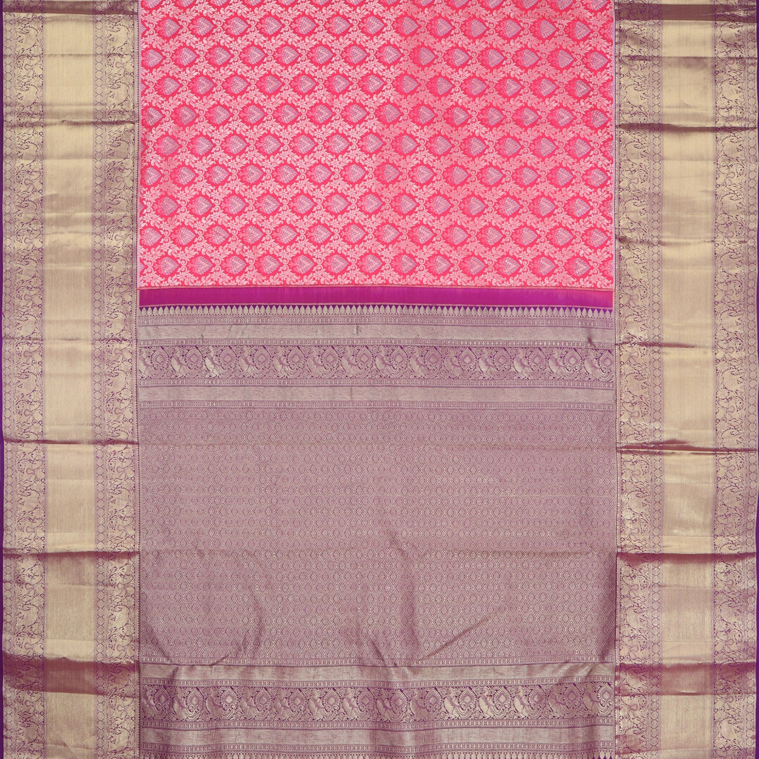 Bright Pink Kanjivaram Silk Saree With Floral Jaal Design - Singhania's