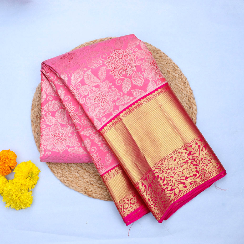 Punch Pink Kanjivaram Silk Saree With Floral Pattern - Singhania's