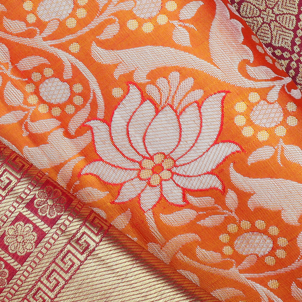Tangerine Orange Kanjivaram Silk Saree With Floral Pattern - Singhania's
