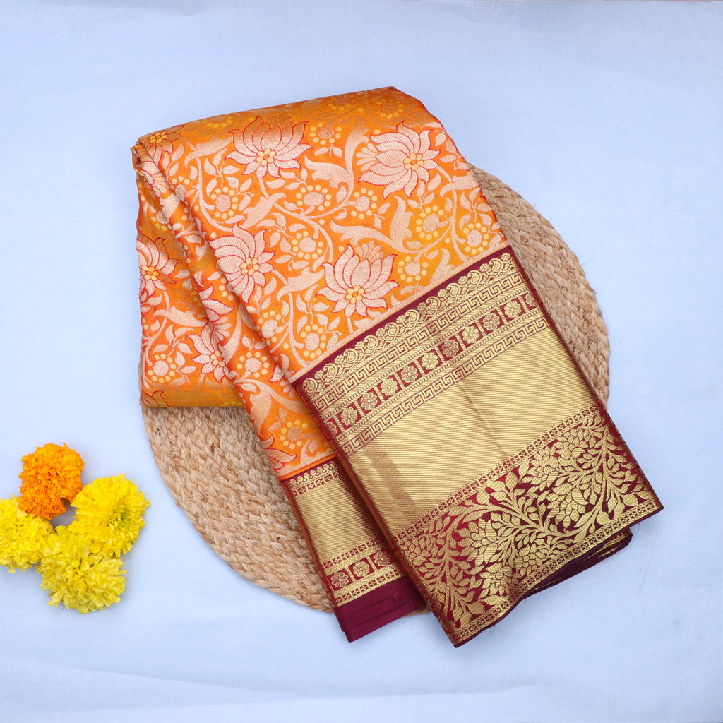 Tangerine Orange Kanjivaram Silk Saree With Floral Pattern - Singhania's