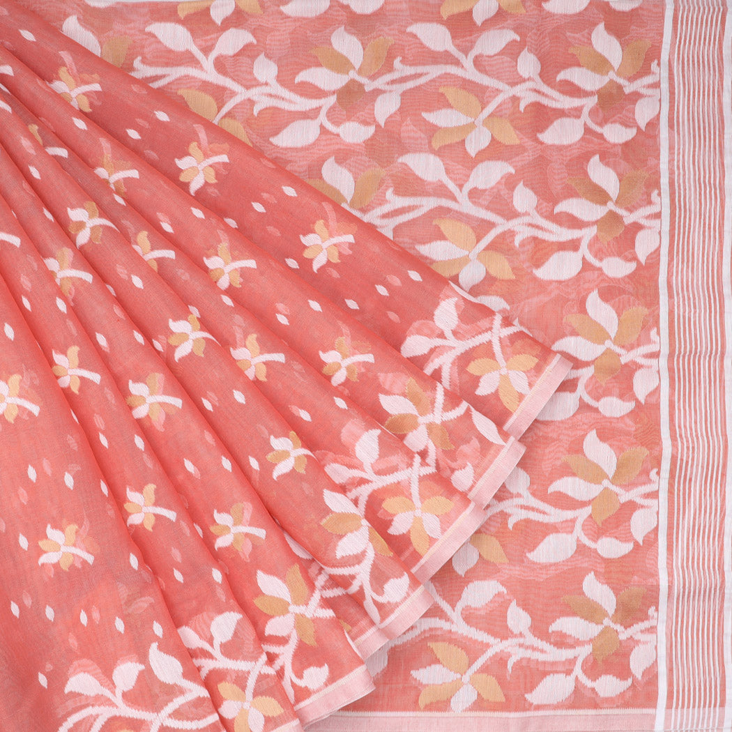 Coral Pink Soft Net Saree With Interesting Pattern