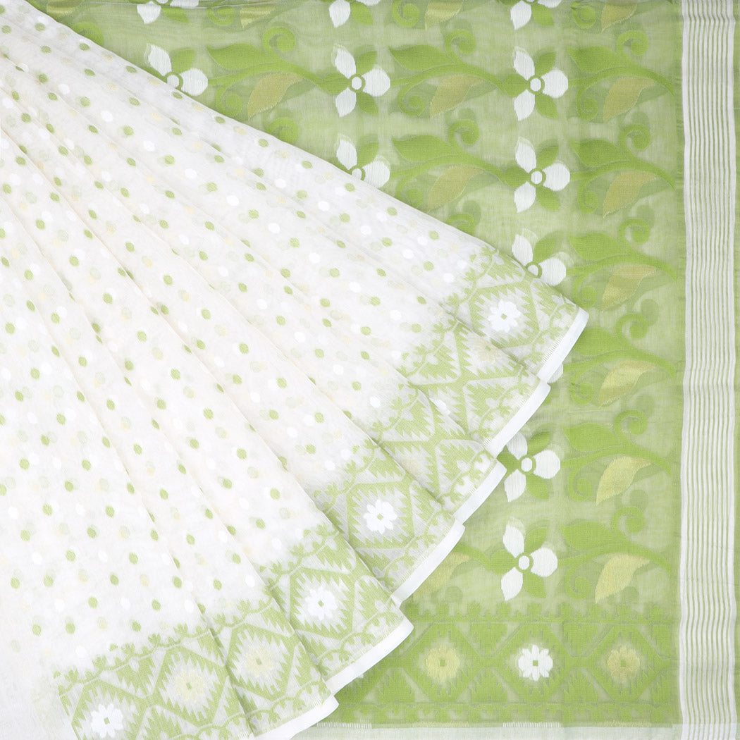Cream Soft Net Saree With Polka Dots Pattern