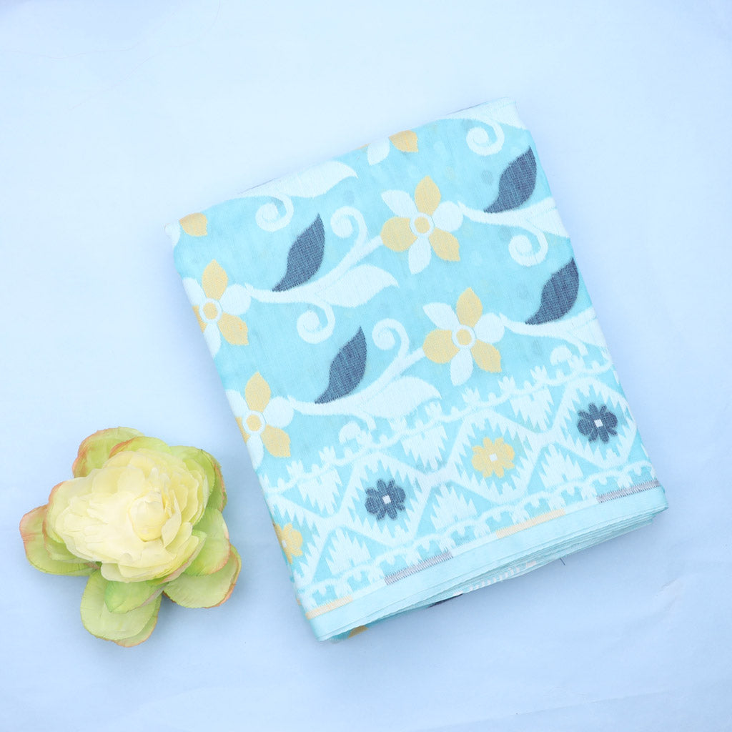 Light Blue Soft Net Saree With Floral Pattern
