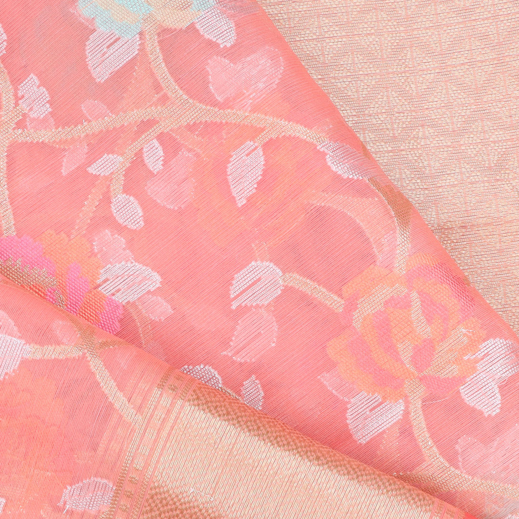 Pastel Pink Organza Saree With Floral Pattern