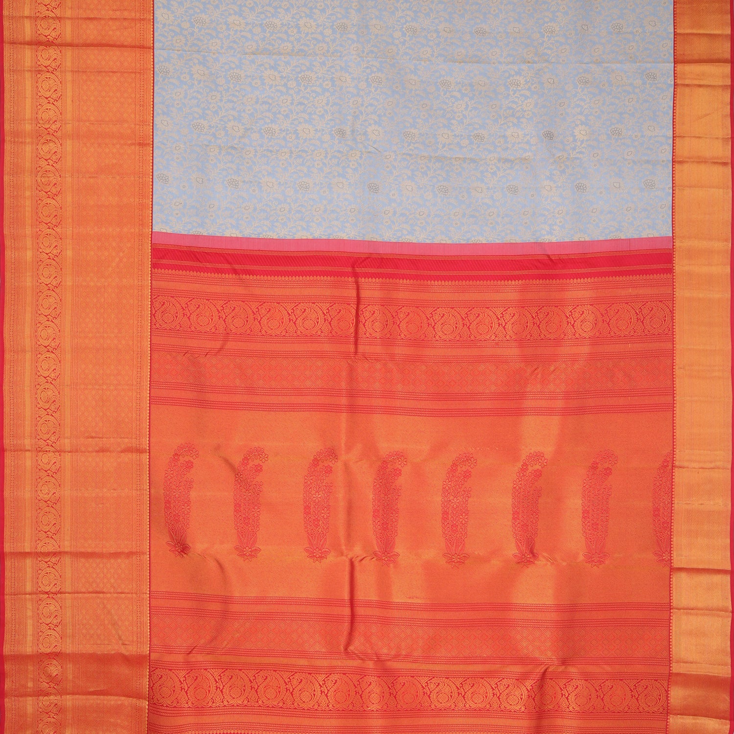 Ice Blue Kanjivaram Silk Saree With Floral Pattern - Singhania's