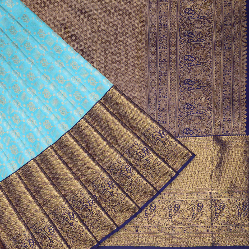 Sky Blue Kanjivaram Silk Saree With Mayil Buttis - Singhania's