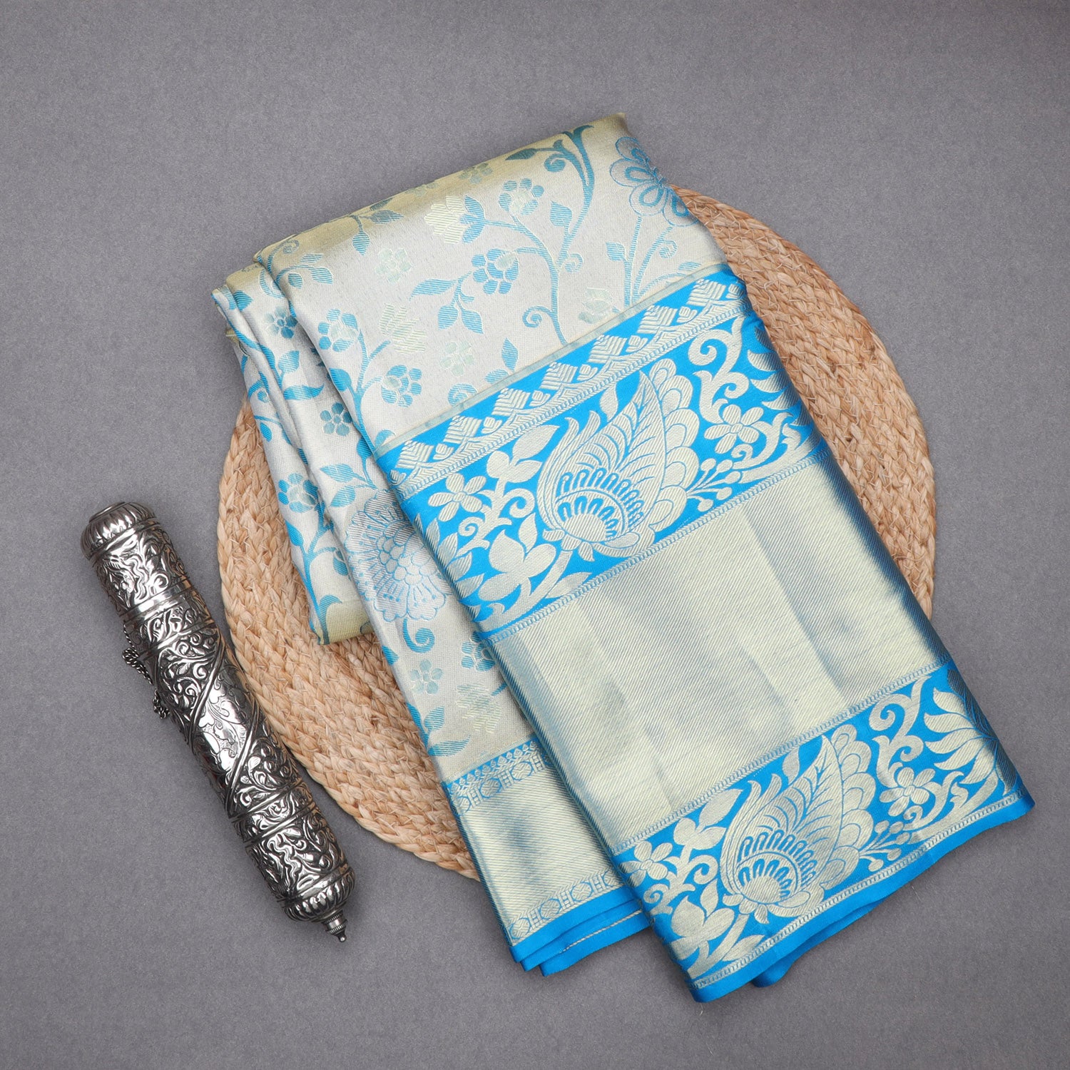 Silver Tissue Kanjivaram Silk Saree With Floral Pattern - Singhania's