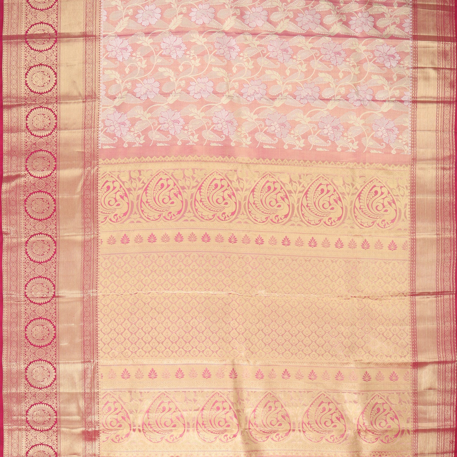 Red Tissue Kanjivaram Silk Saree With Floral Motif Pattern - Singhania's