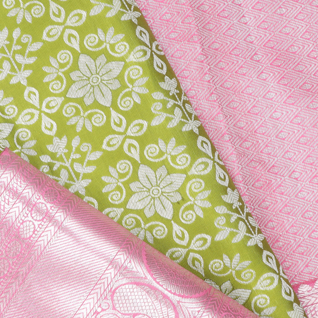 Leaf Green Tissue Kanjivaram Silk Saree With Floral Pattern - Singhania's