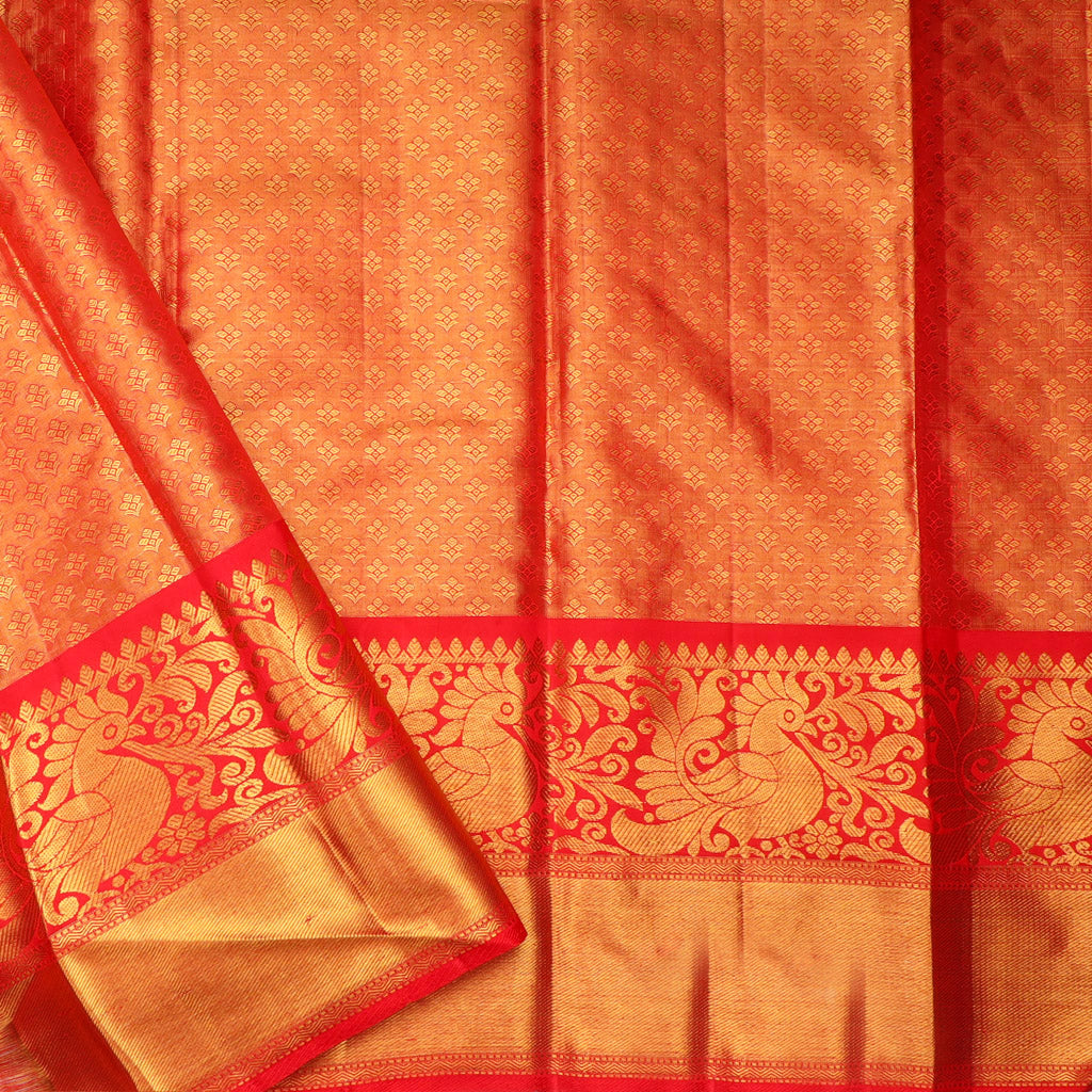 Gold Tissue Kanjivaram Silk Saree With Geometric Floral Pattern - Singhania's