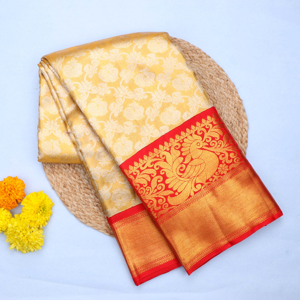 Gold Tissue Kanjivaram Silk Saree With Geometric Floral Pattern - Singhania's
