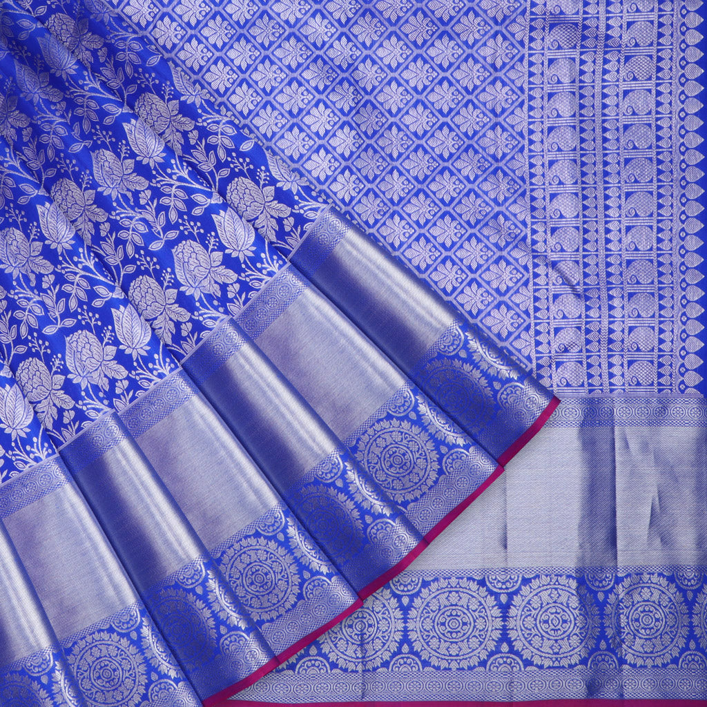 Navy Blue Kanjivaram Silk Saree With Floral Pattern - Singhania's