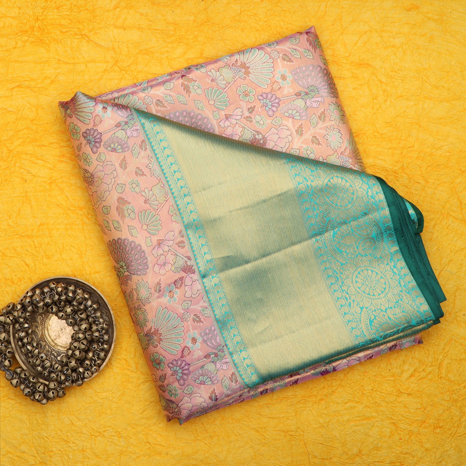 Pastel Pink Tissue Kanjivaram Silk Saree With Floral Pattern
