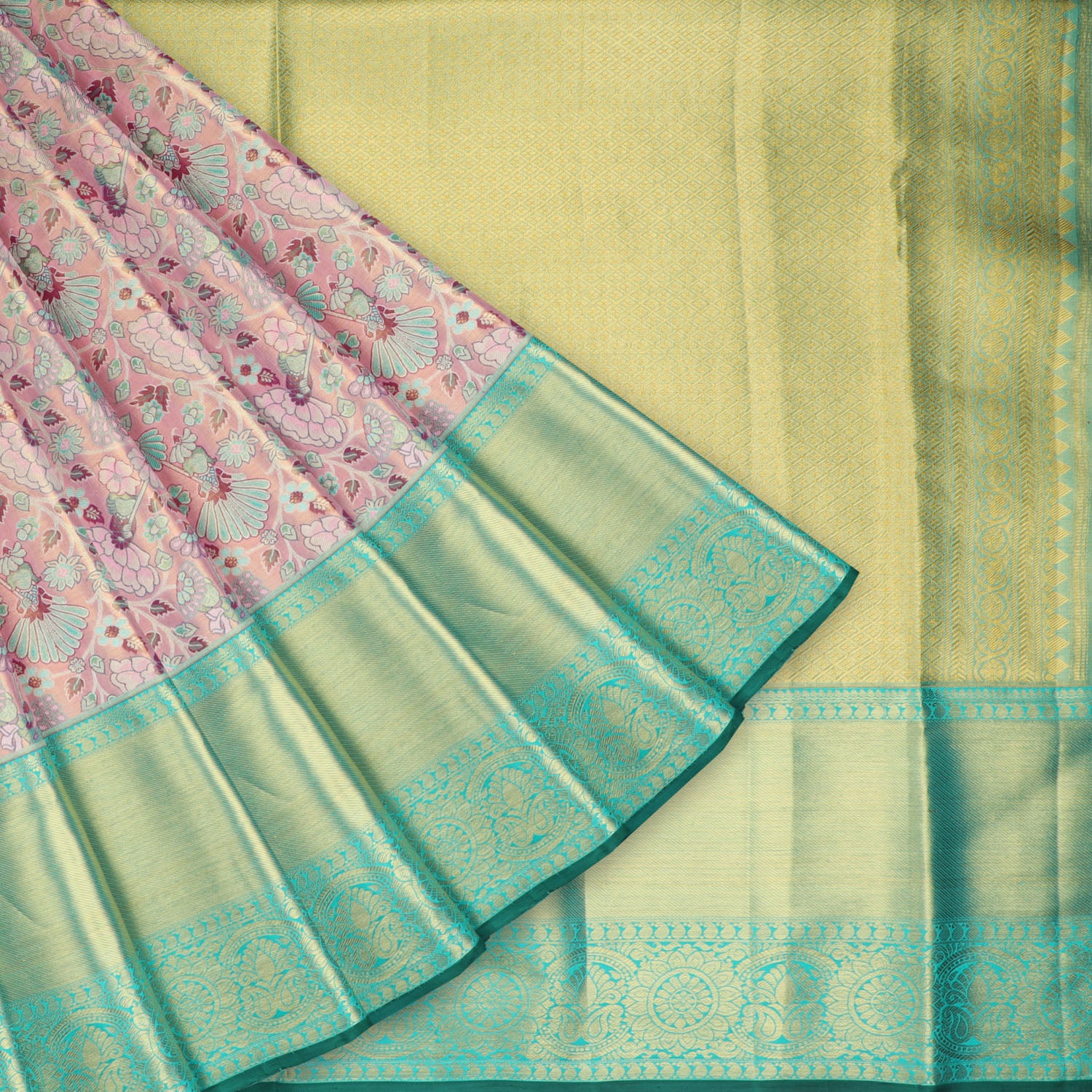Pastel Pink Tissue Kanjivaram Silk Saree With Floral Pattern